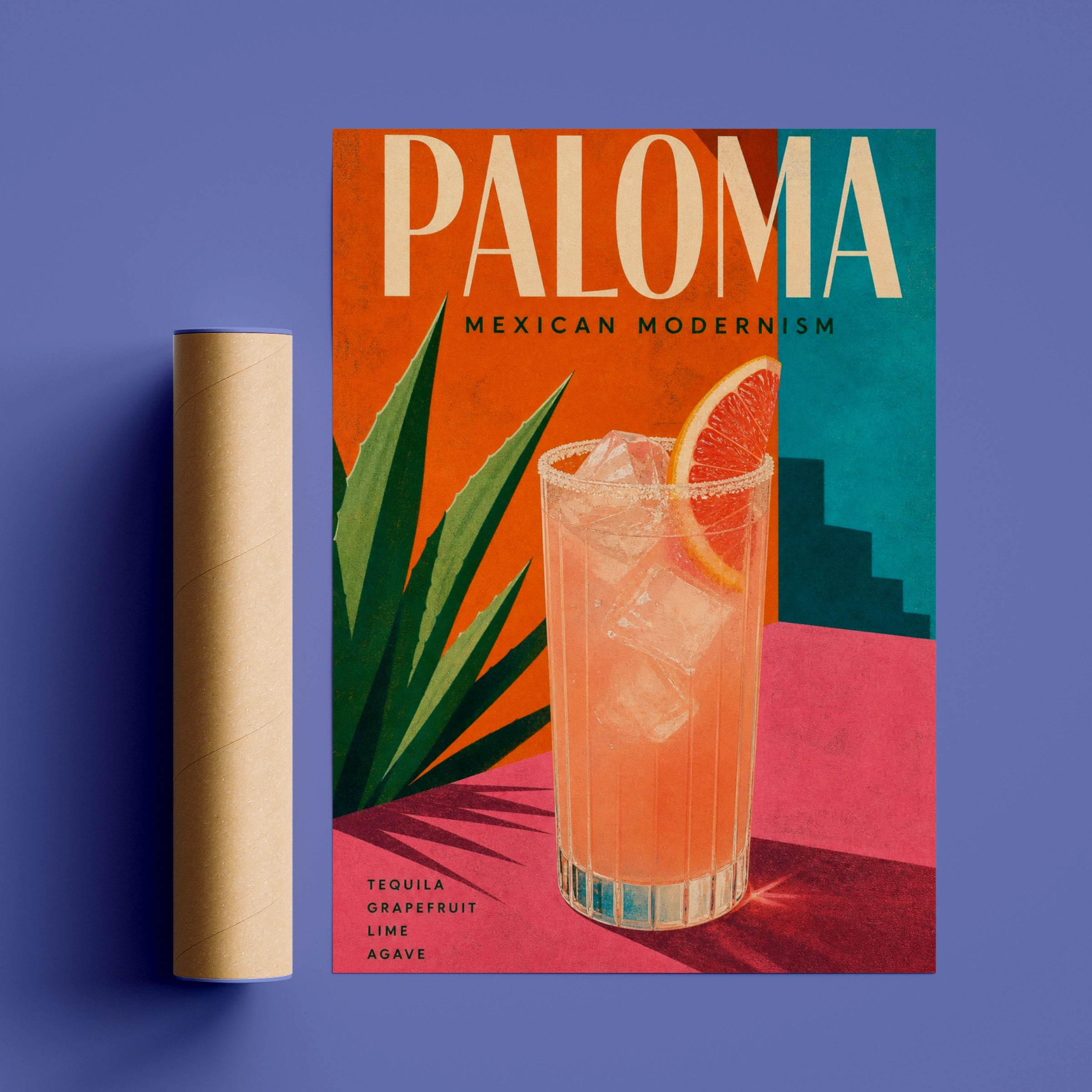 Paloma Cocktail Poster, Mexican Modernism Bar Wall Art, Tequila Grapefruit Print