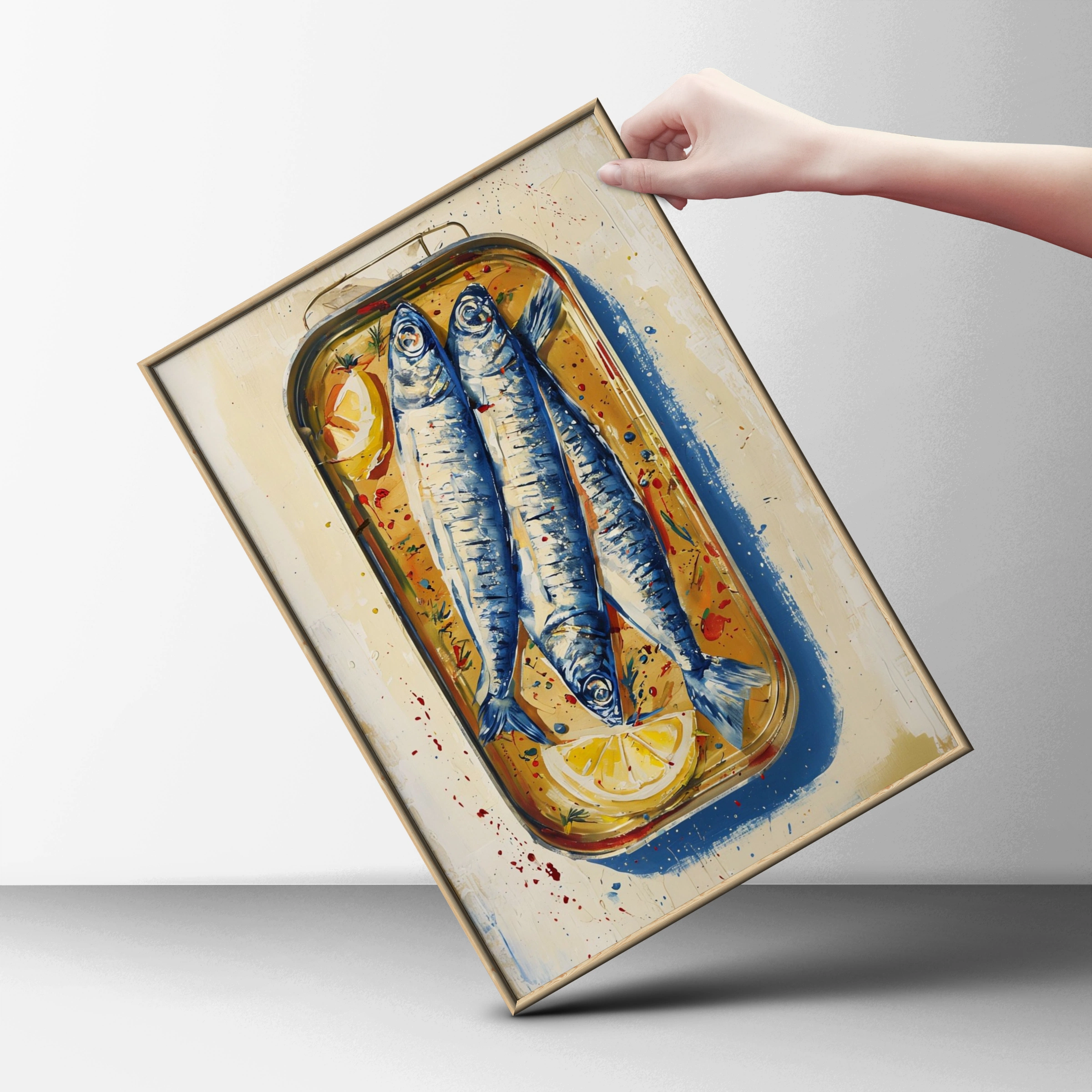 Mediterranean Sardines Poster, Fish Kitchen Wall Art, Lemon Blue Painted Food Print