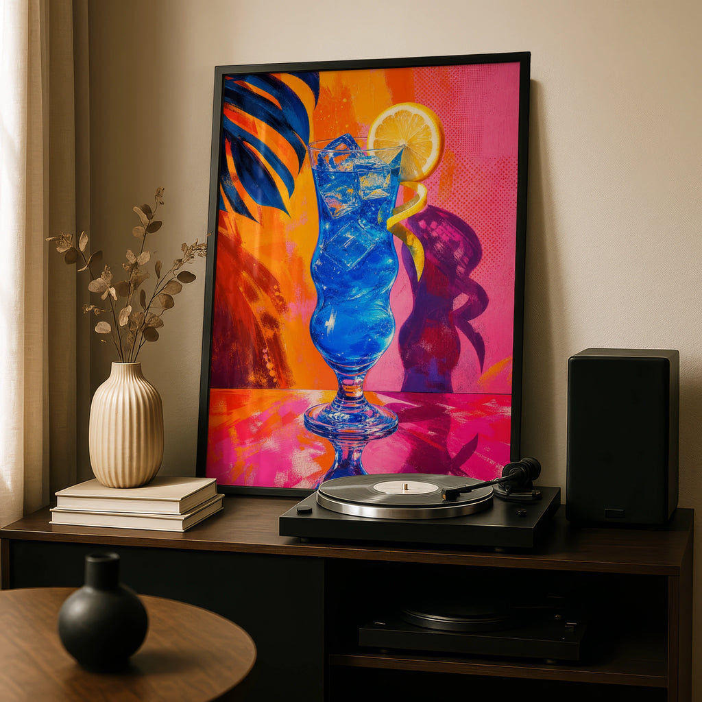 Electric Blue Cocktail Pop Art Poster, Retro Tropical Drink Wall Art, Bold Neon Bar Decor