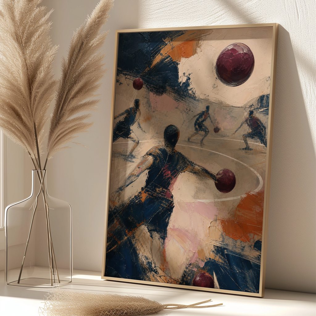 Abstract Dodgeball Art Poster, Sports Wall Art, Navy Blue Expressive Painting Print