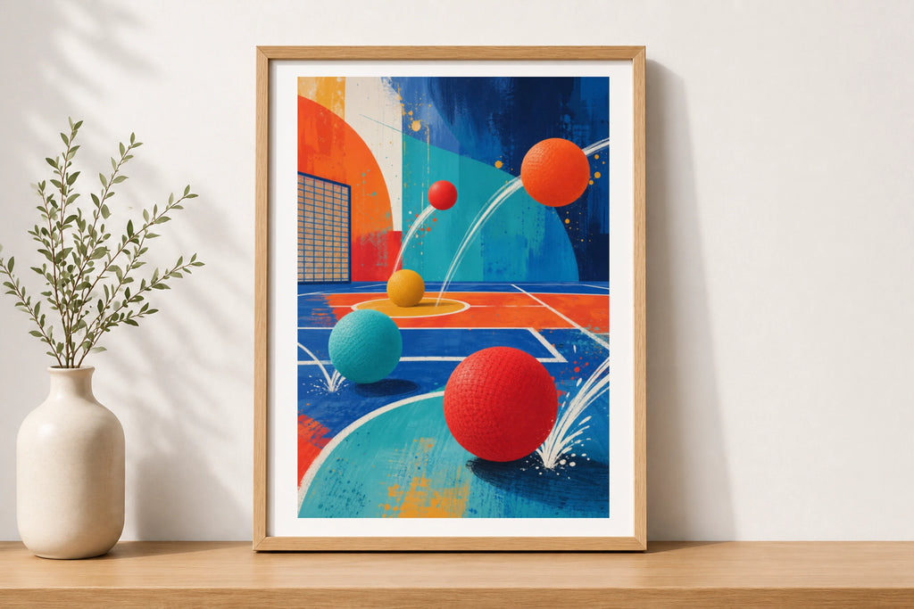 Colourful Dodgeball Court Abstract Art Poster, Sports Wall Art, Bold Retro Print