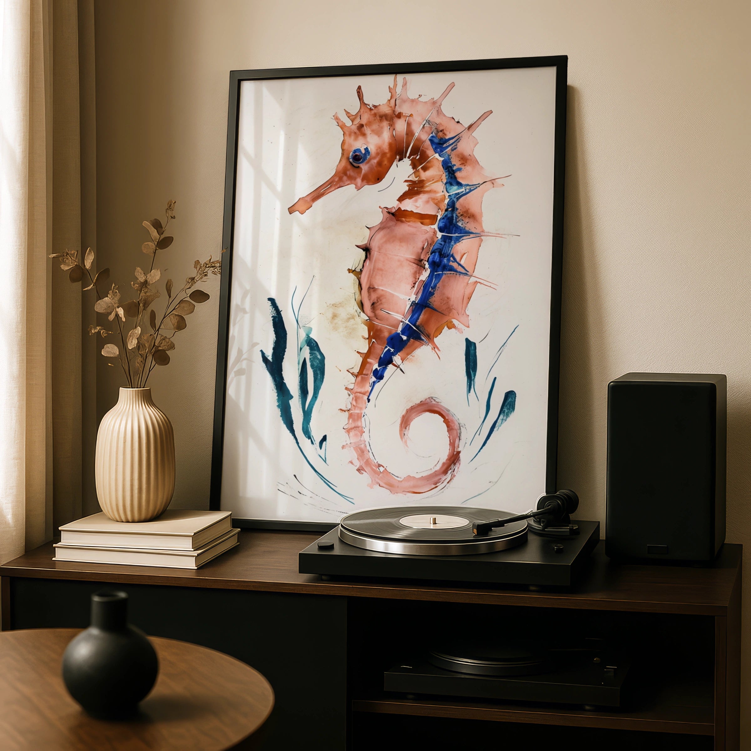 Abstract Seahorse Poster, Watercolour Ocean Wall Art, Terracotta Blue Coastal Print