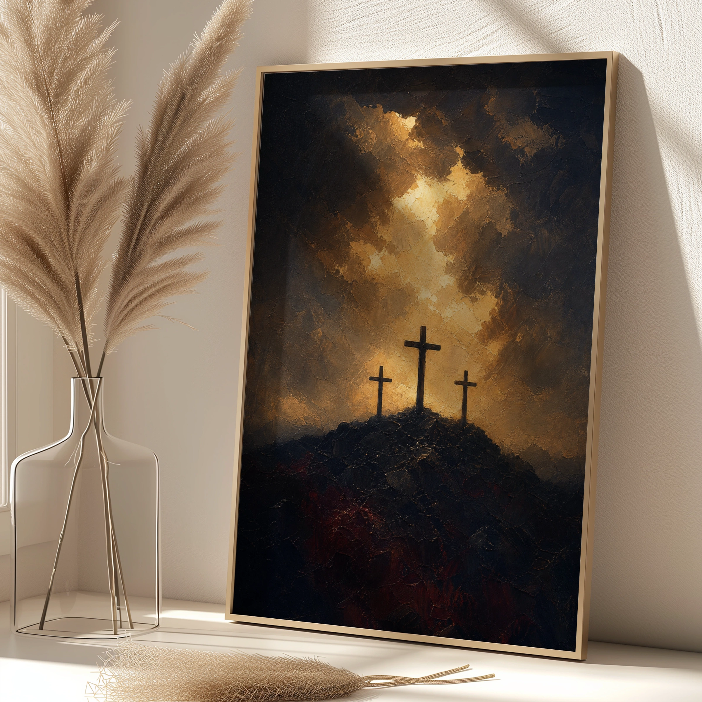 Three Crosses Calvary Wall Art, Crucifixion Poster, Christian Religious Print, Dark Dramatic Gold