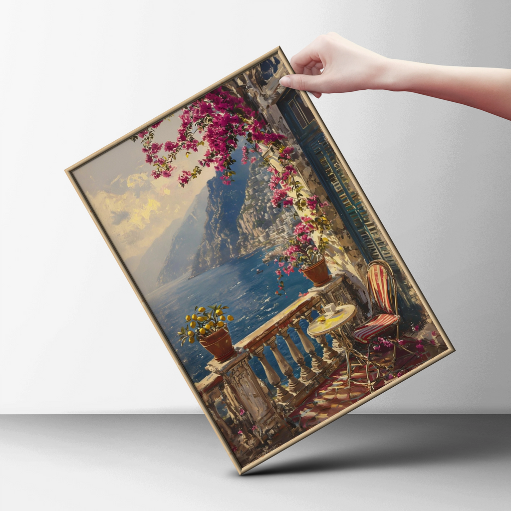 Amalfi Coast Balcony Poster, Bougainvillea Italy Wall Art, Mediterranean Sea Print
