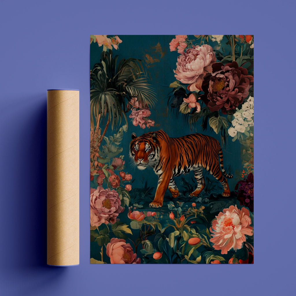 Tiger Botanical Wall Art, Maximalist Floral Tiger Poster, Teal Jungle Animal Print