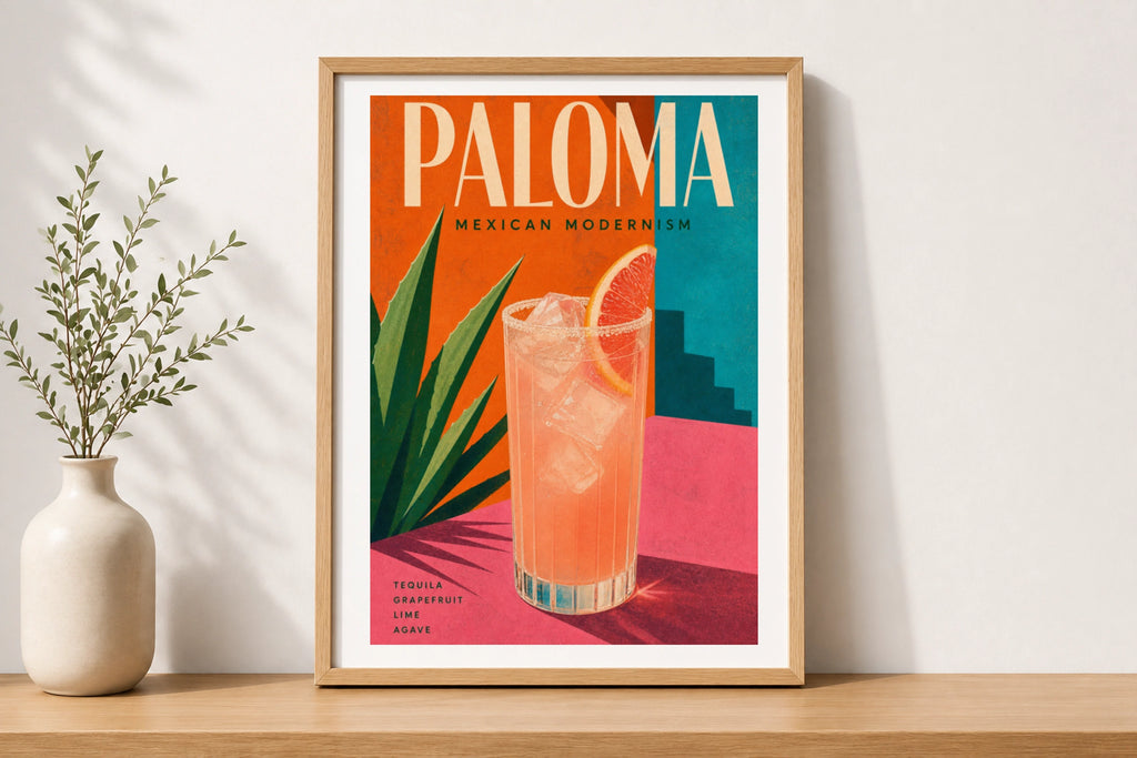 Paloma Cocktail Poster, Mexican Modernism Bar Wall Art, Tequila Grapefruit Print