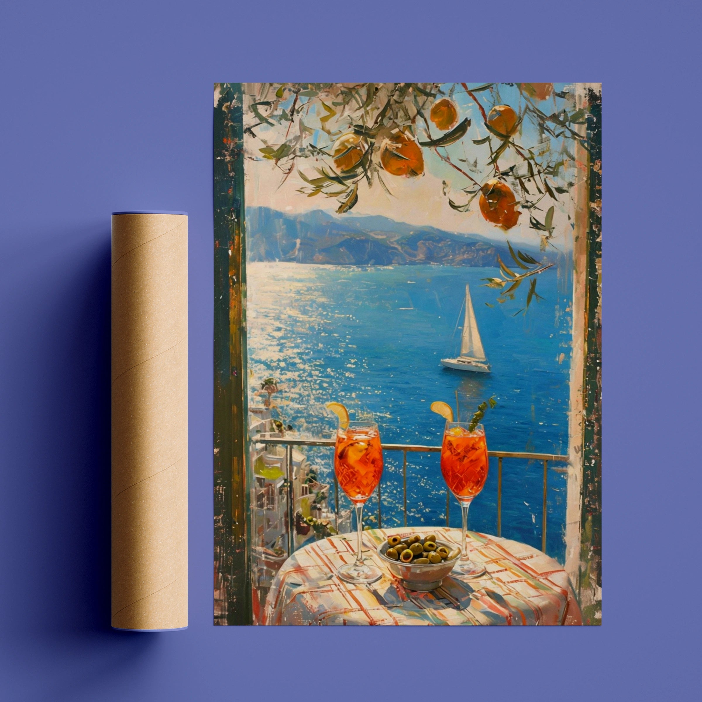 Mediterranean Aperitivo Sea View Poster, Italian Spritz Balcony Wall Art Print