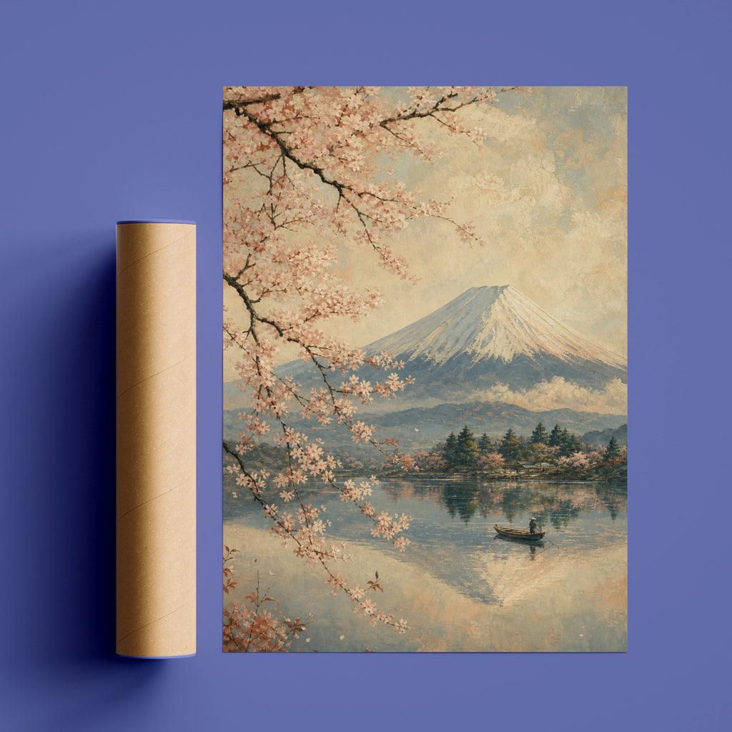 Mount Fuji Cherry Blossom Poster, Japanese Wall Art, Vintage Sakura Lake Print