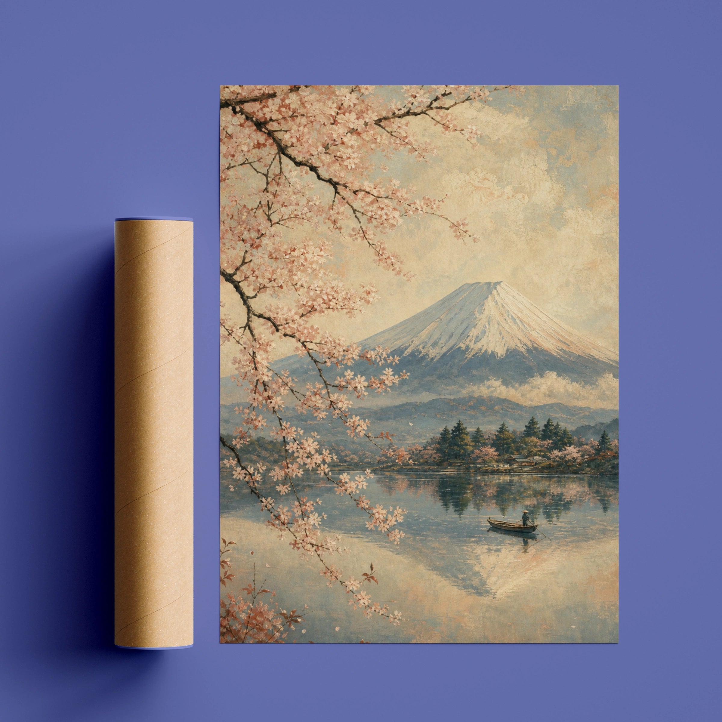 Mount Fuji Cherry Blossom Poster, Japanese Wall Art, Vintage Sakura Lake Print