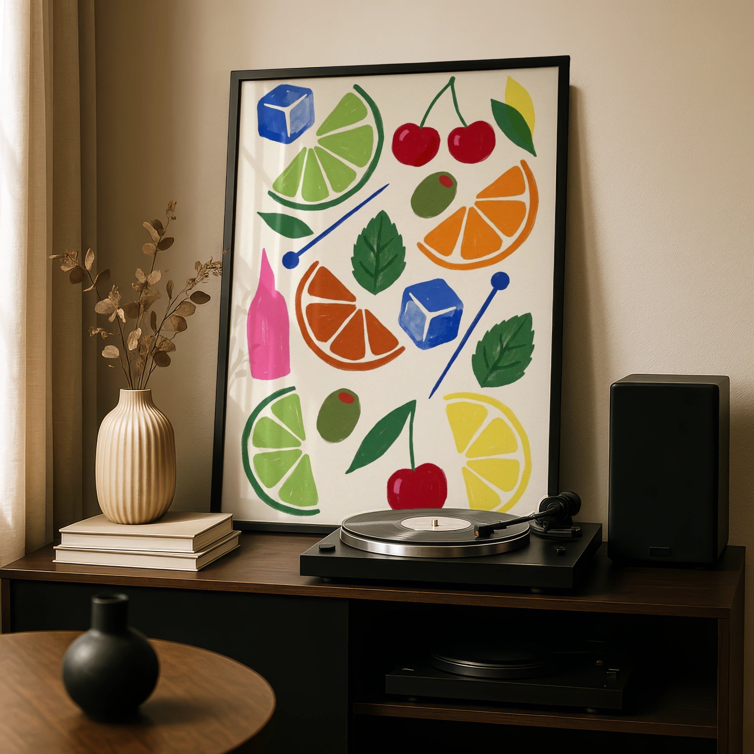Cocktail Garnish Pattern Poster, Bar Cart Wall Art, Citrus Cherry Olive Print