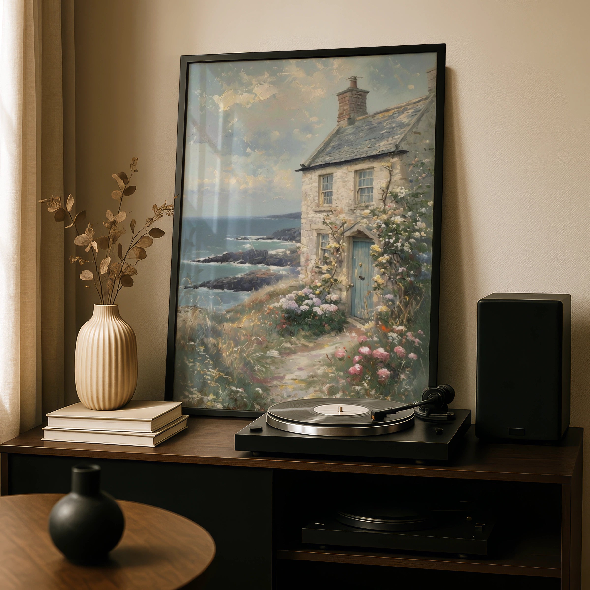 Coastal Cottage Garden Poster, Seaside Stone Cottage Wall Art, Floral Cliff Print