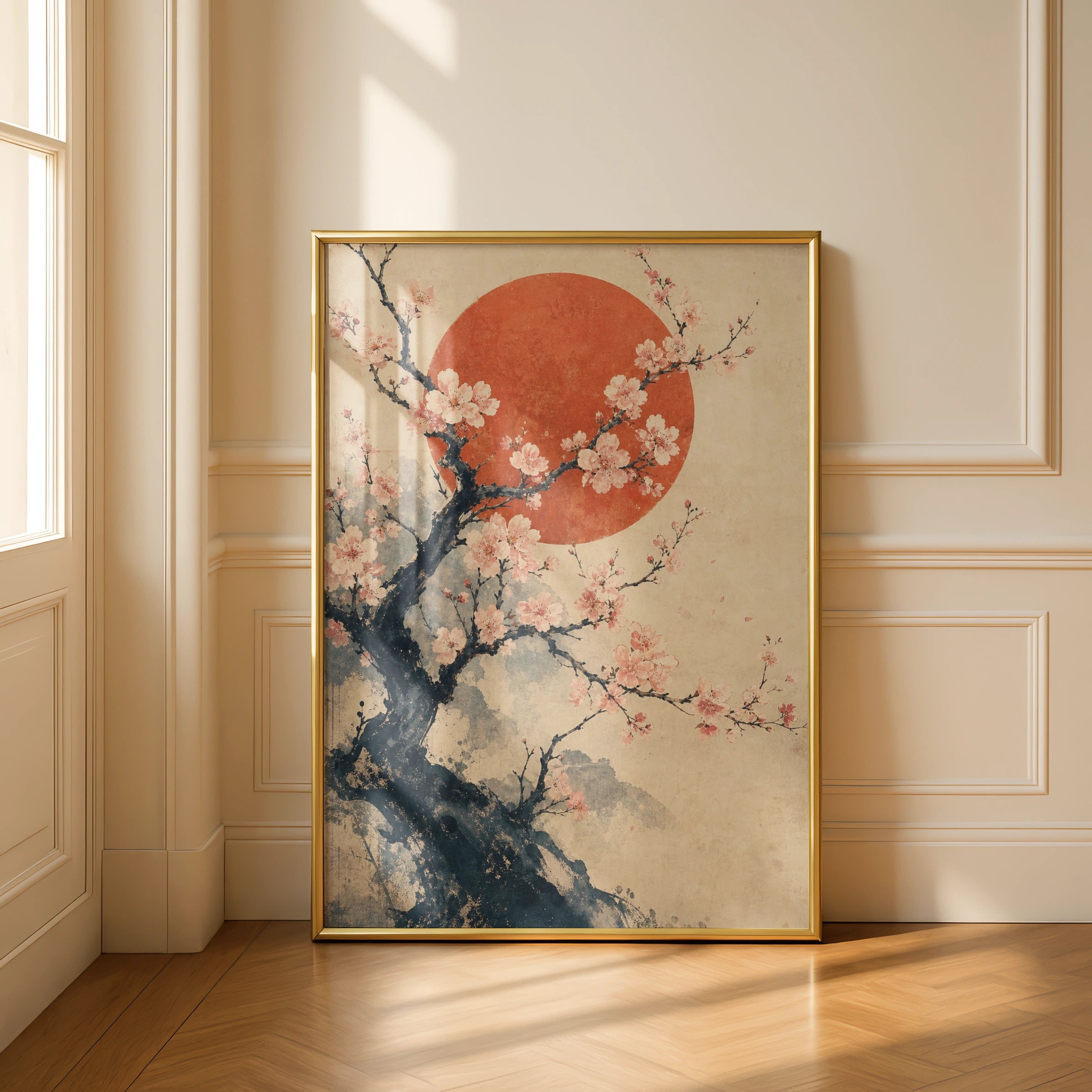 Cherry Blossom Rising Sun Japanese Wall Art, Sakura Tree Poster, Asian Ink Print