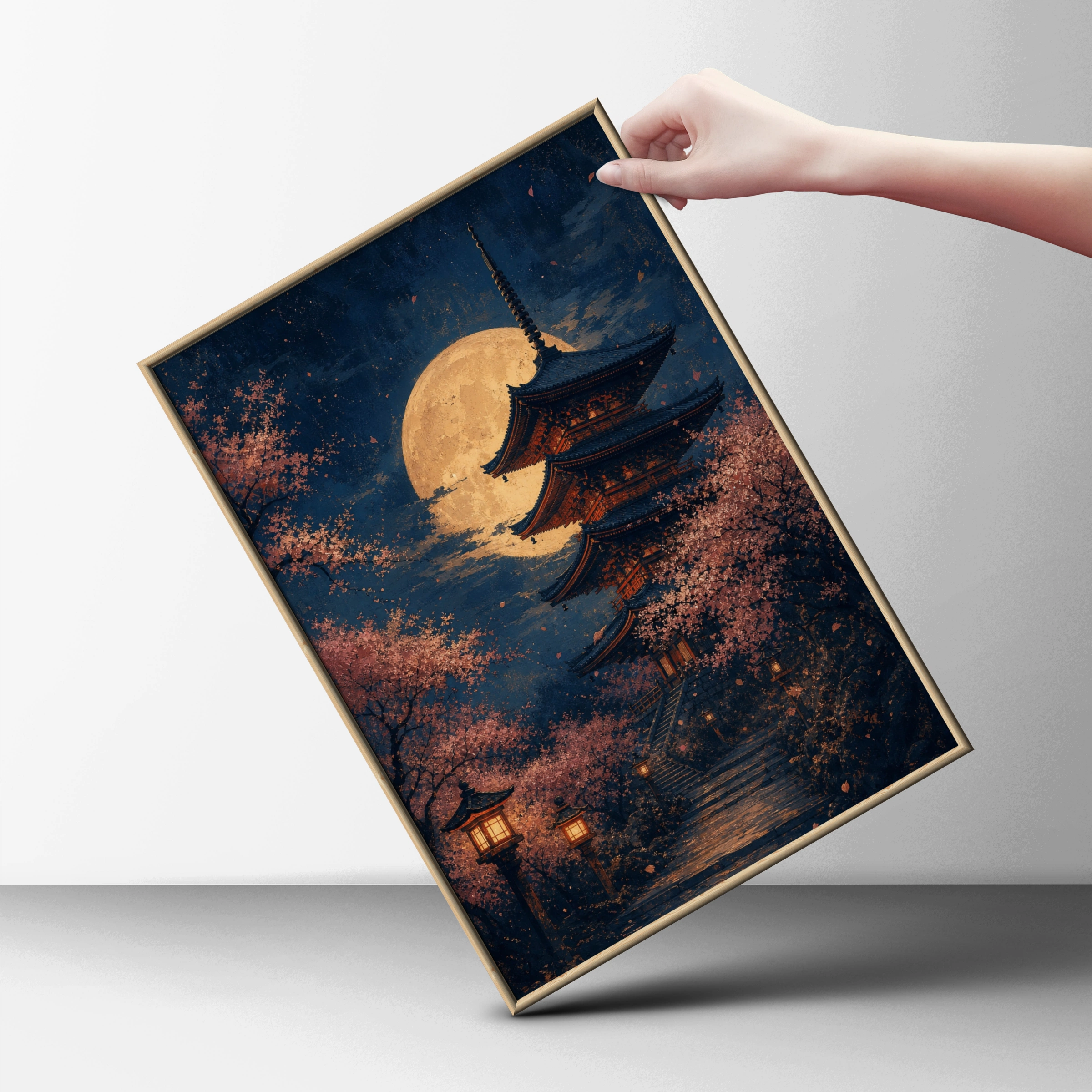 Japanese Pagoda Full Moon Poster, Cherry Blossom Night Wall Art, Sakura Print