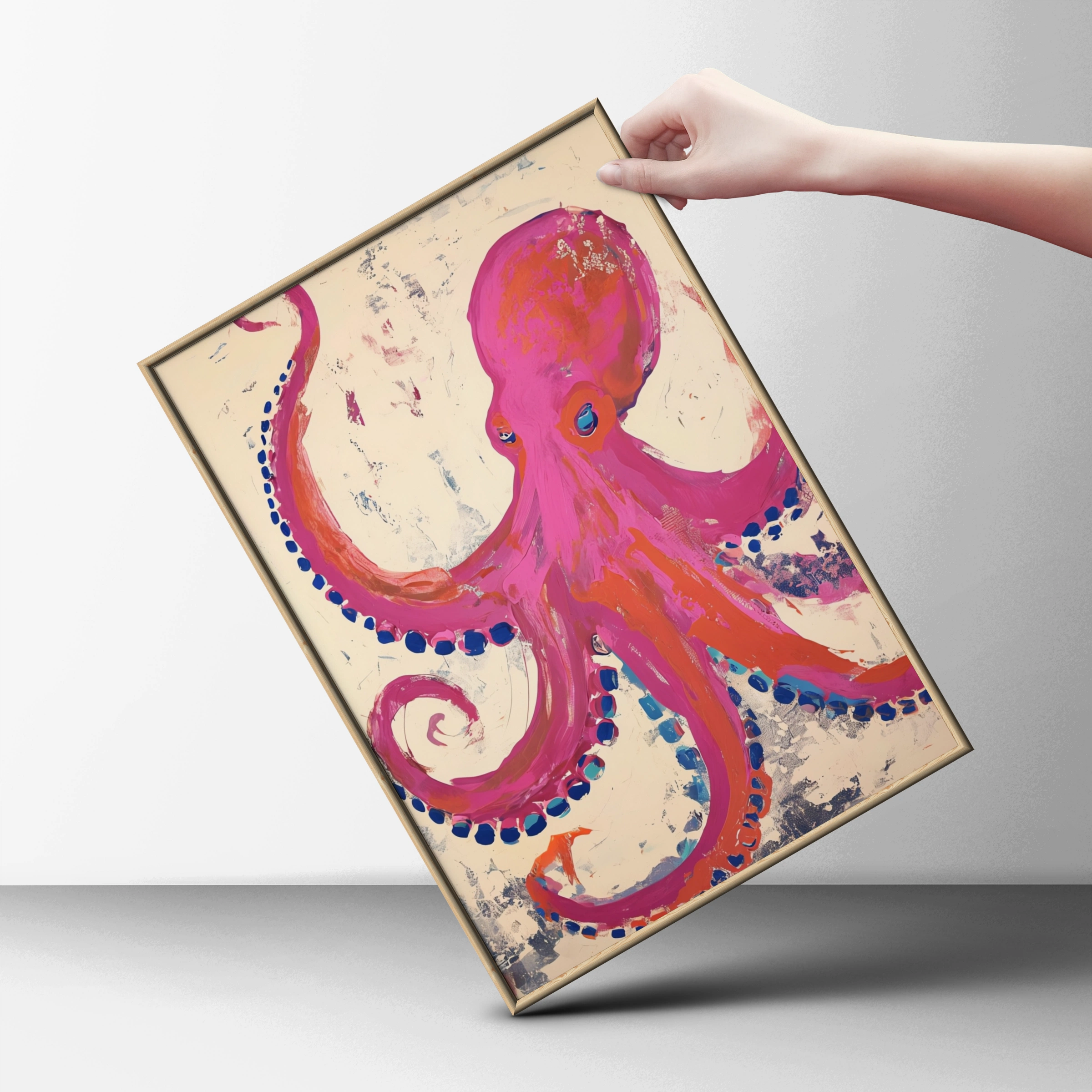 Pink Octopus Abstract Poster, Bold Colourful Ocean Animal Wall Art, Coastal Decor