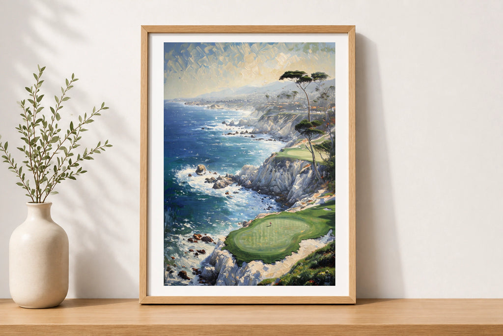 Coastal Golf Course Painting Poster, Cliffside Ocean Art, Golf Wall Art Print