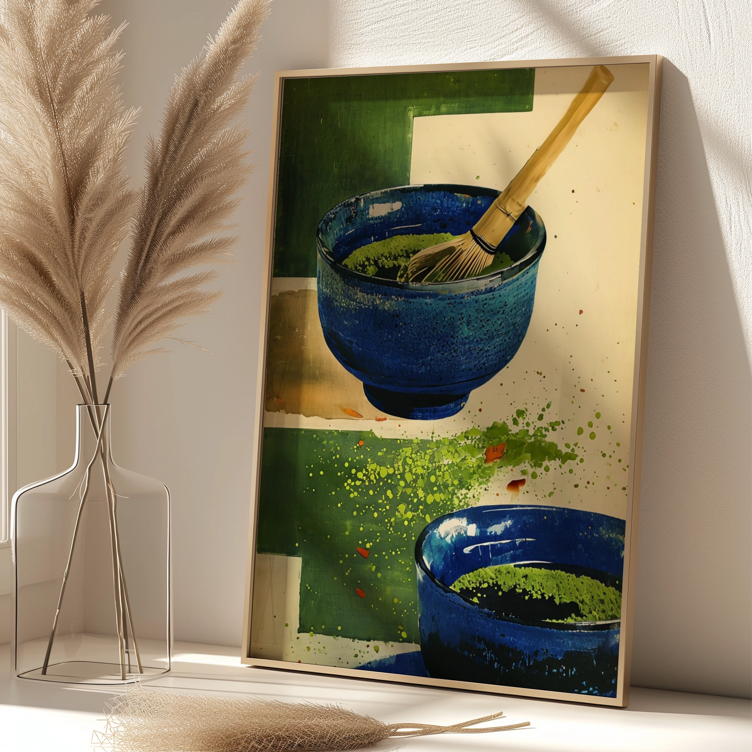 Matcha Tea Bowl Poster, Japanese Chawan Wall Art, Blue Green Kitchen Print