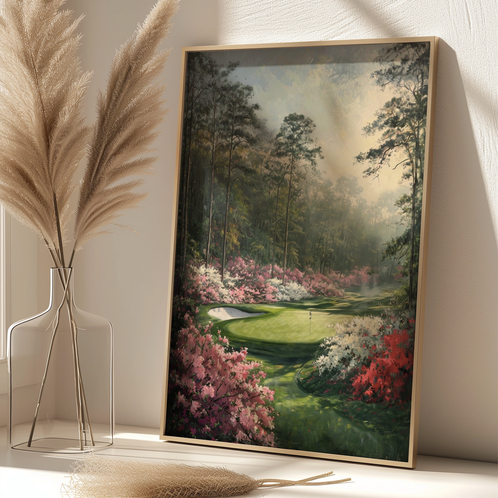 Floral Golf Course Painting Poster, Azalea Green Art Print, Golf Wall Art Gift
