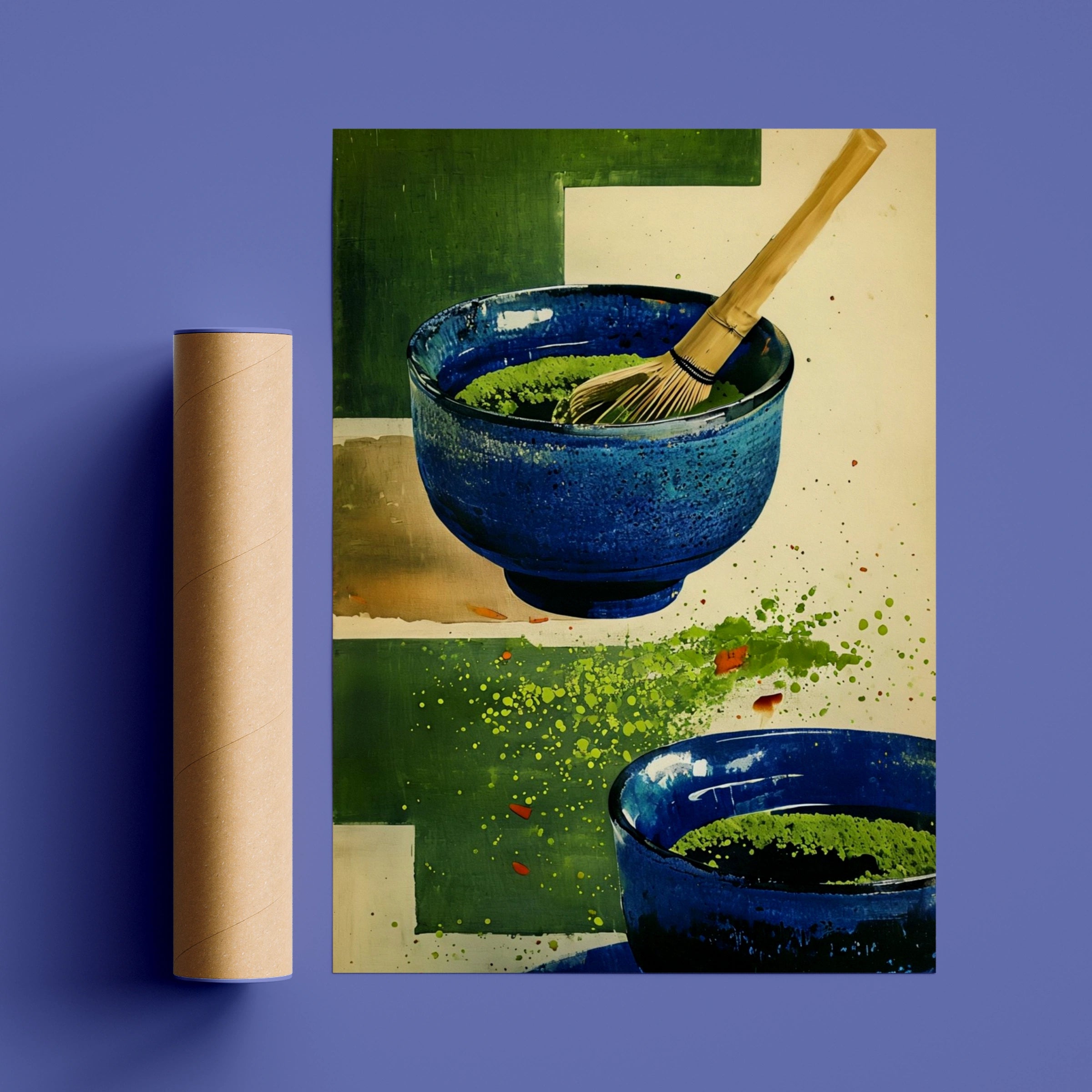 Matcha Tea Bowl Poster, Japanese Chawan Wall Art, Blue Green Kitchen Print