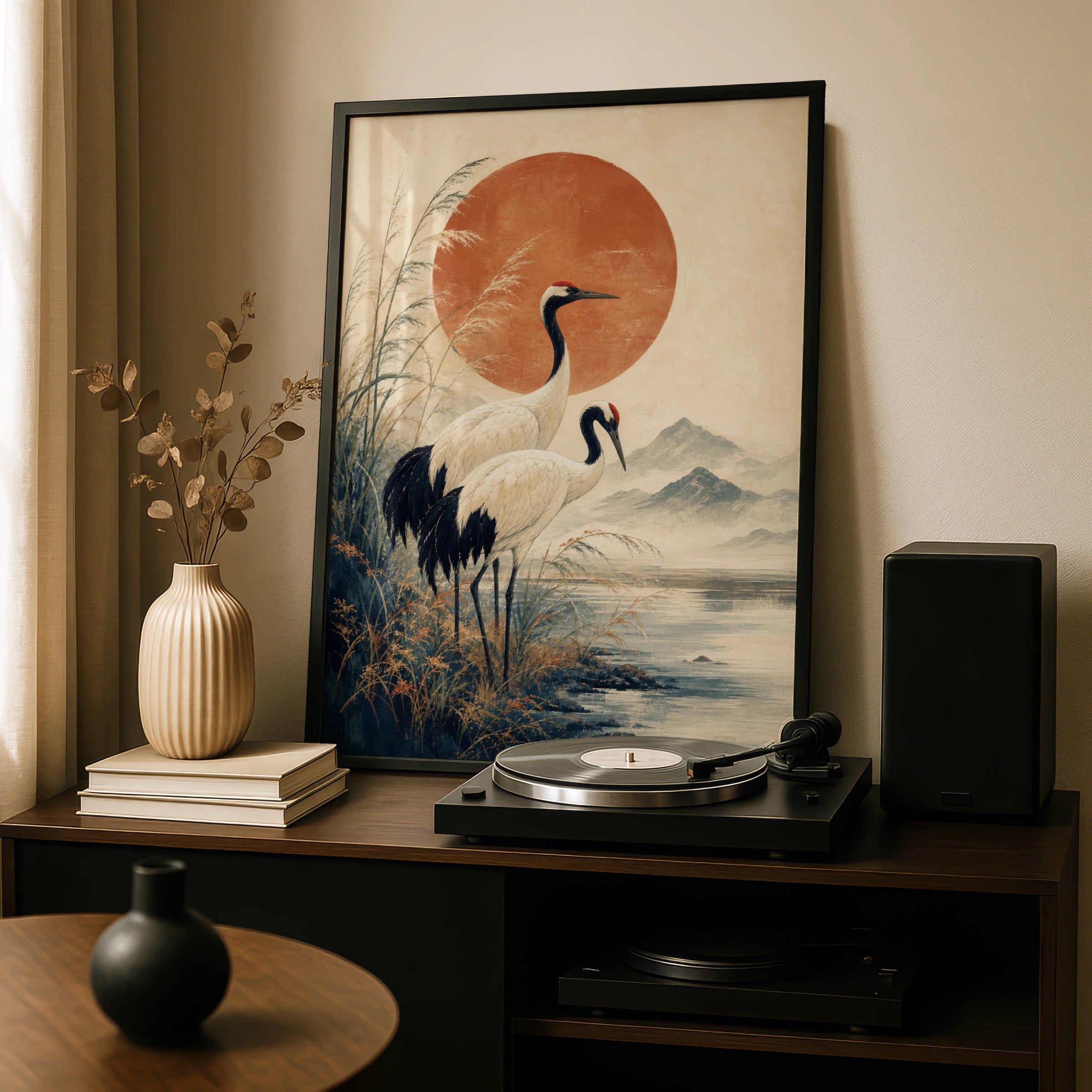 Japanese Crane Poster, Red Sun Wall Art, Woodblock Style Bird Print, Zen Home Decor