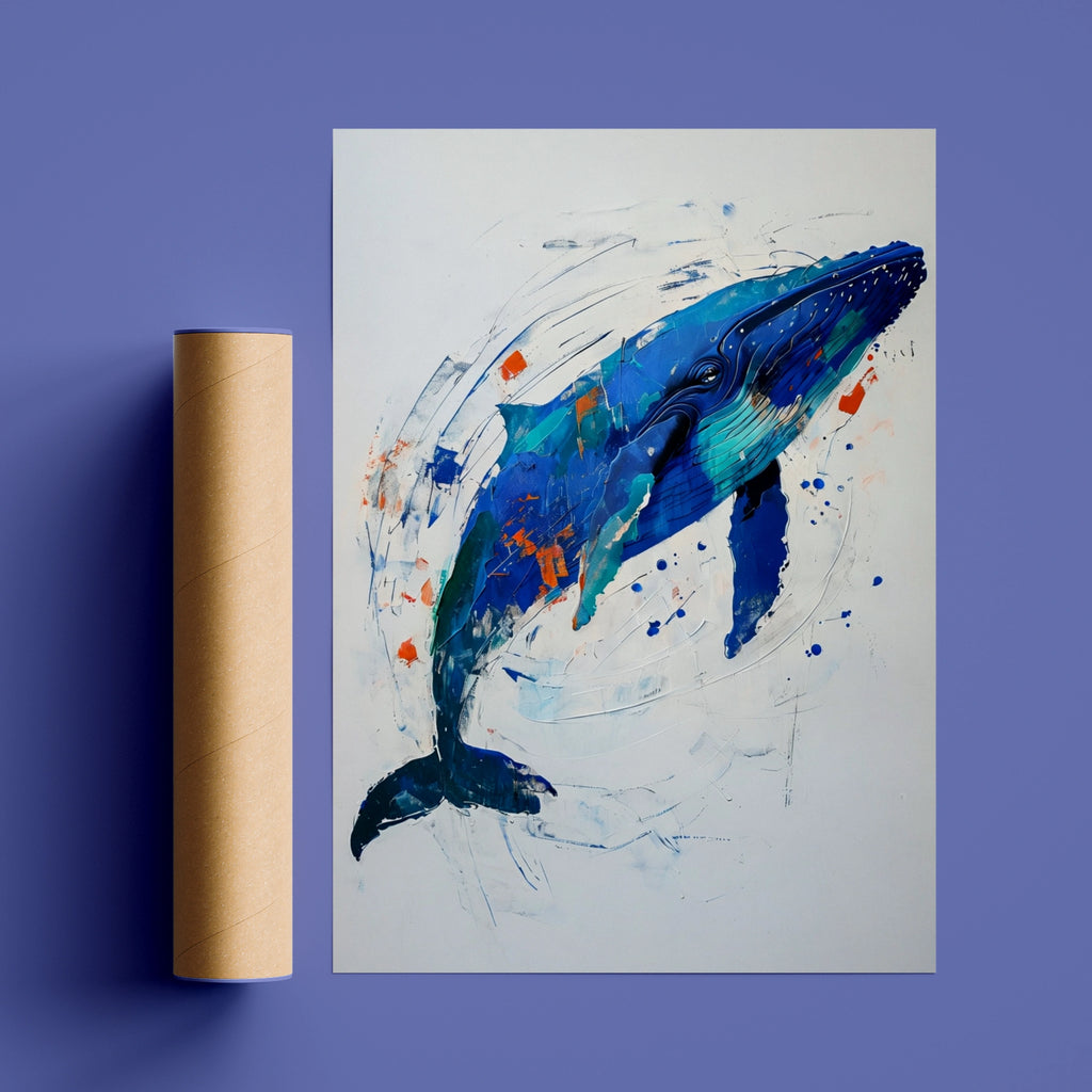 Abstract Blue Whale Poster, Ocean Animal Wall Art, Expressive Nautical Print, Teal Navy