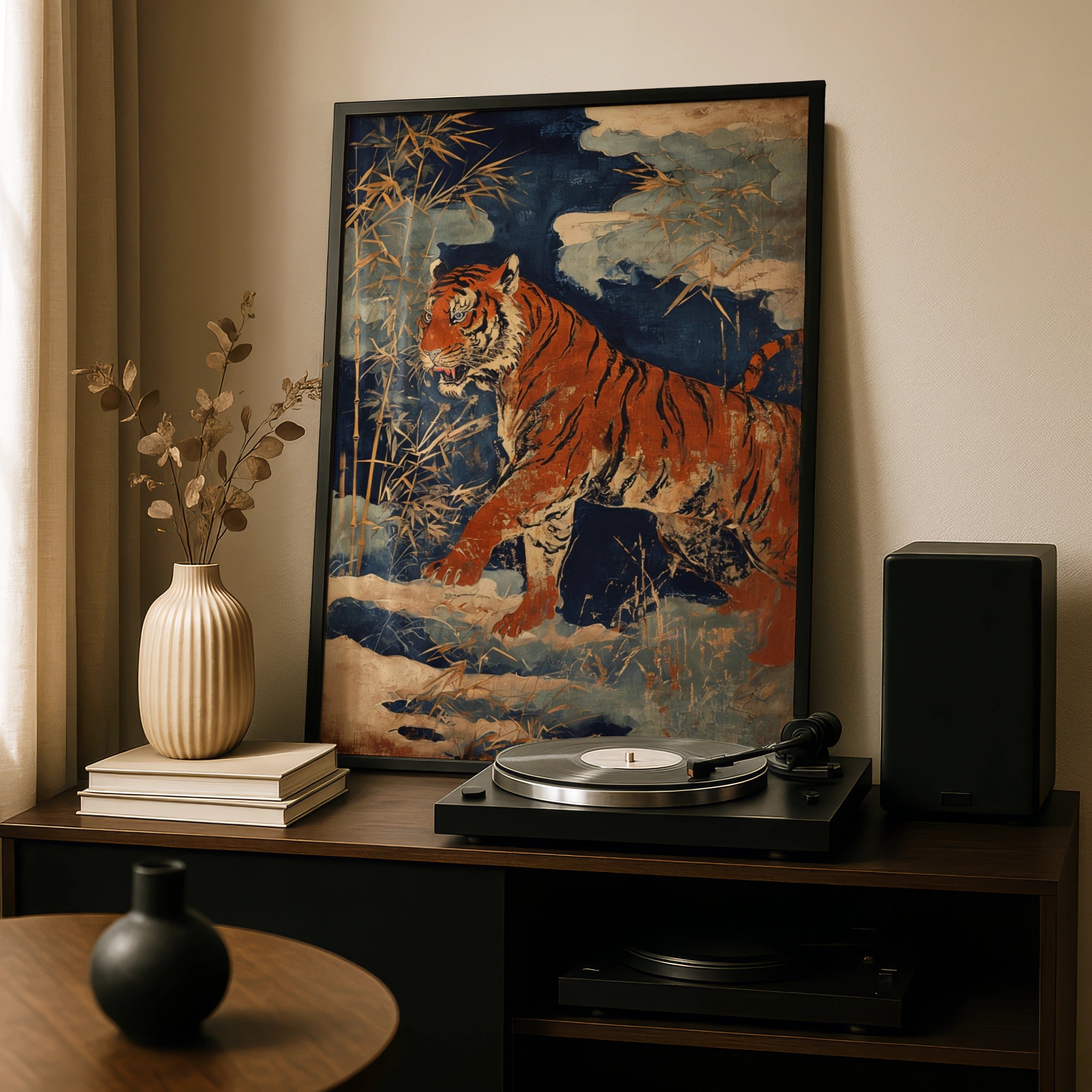 Bengal Tiger Bamboo Poster, Japanese Woodblock Style Animal Wall Art, Navy Gold