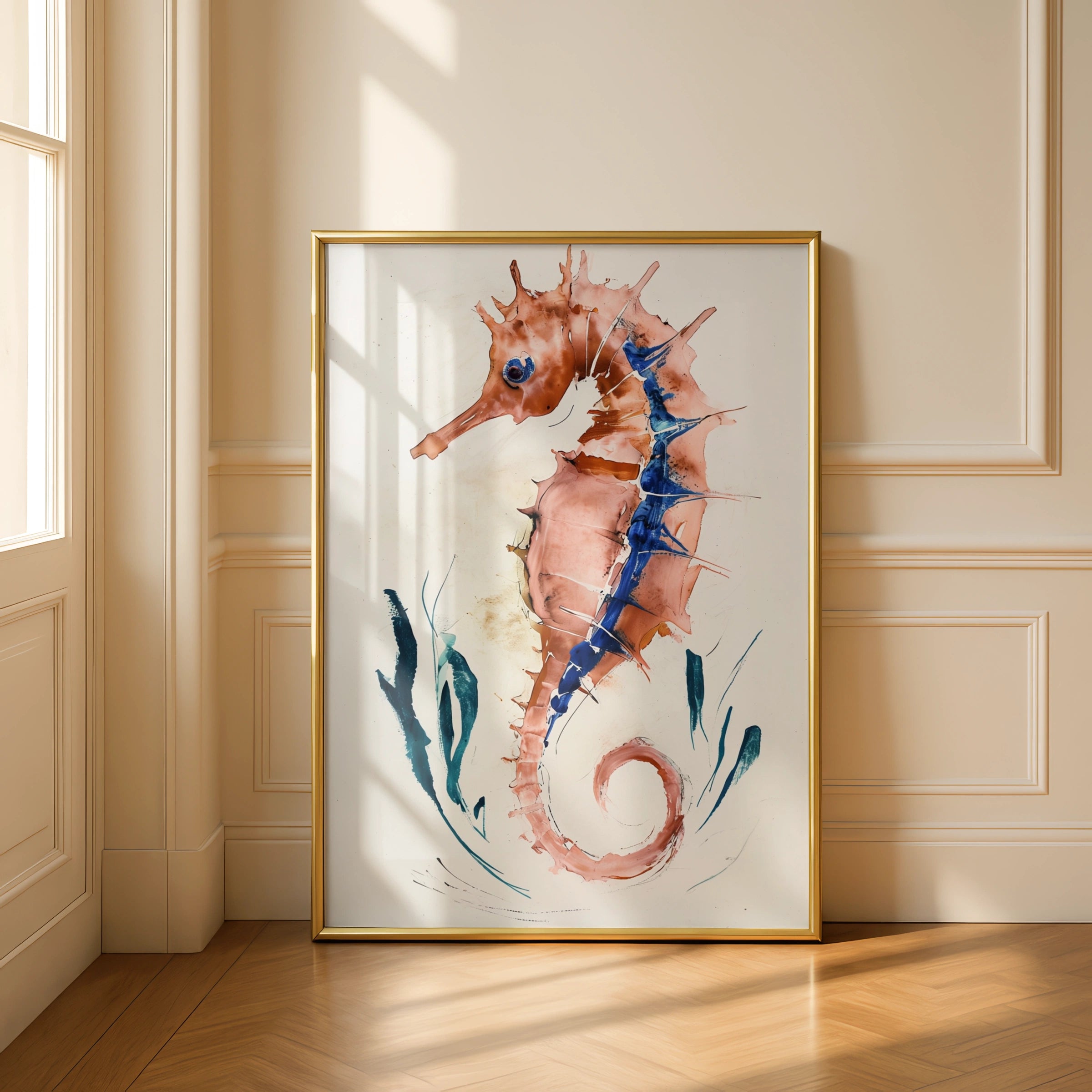 Abstract Seahorse Poster, Watercolour Ocean Wall Art, Terracotta Blue Coastal Print