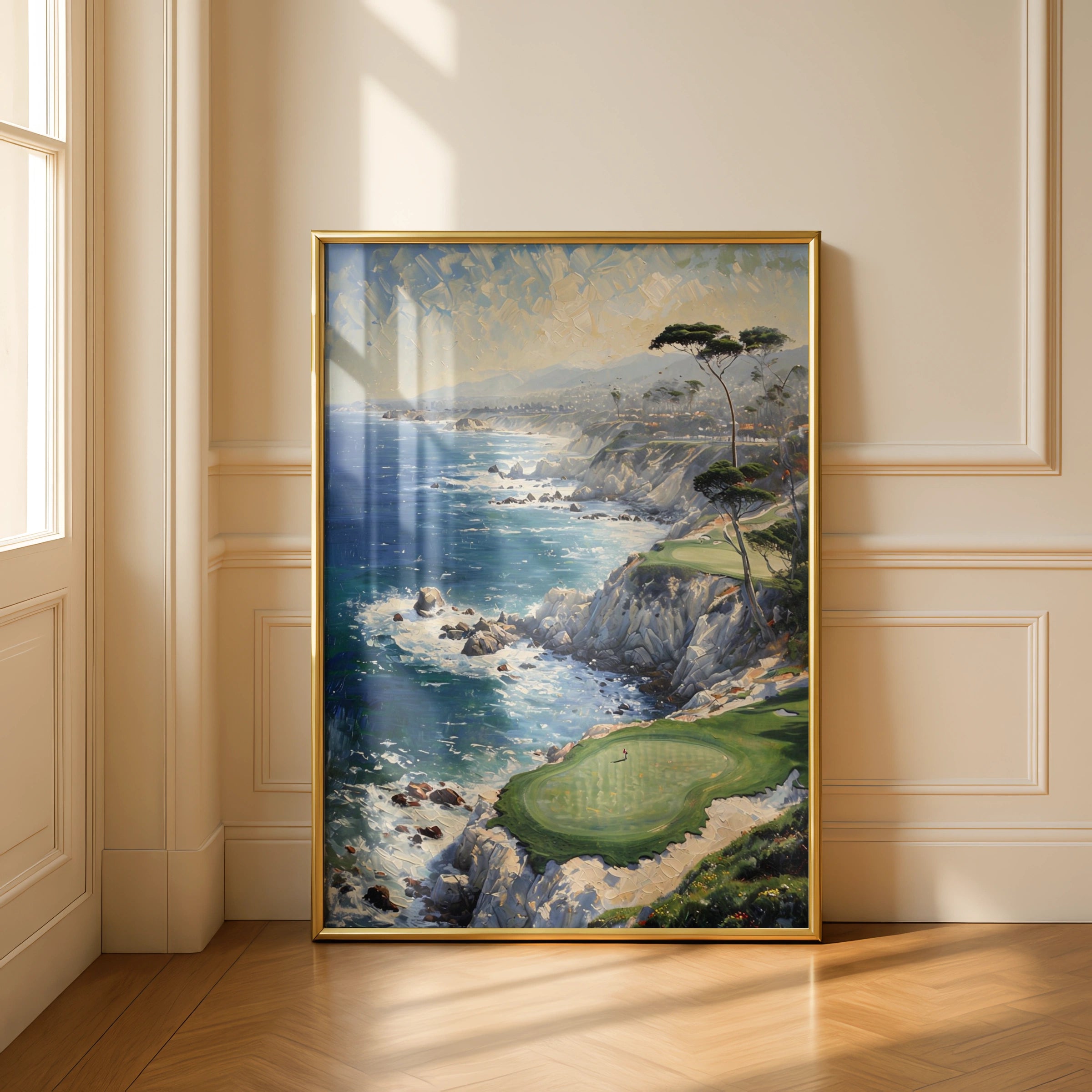 Coastal Golf Course Painting Poster, Cliffside Ocean Art, Golf Wall Art Print
