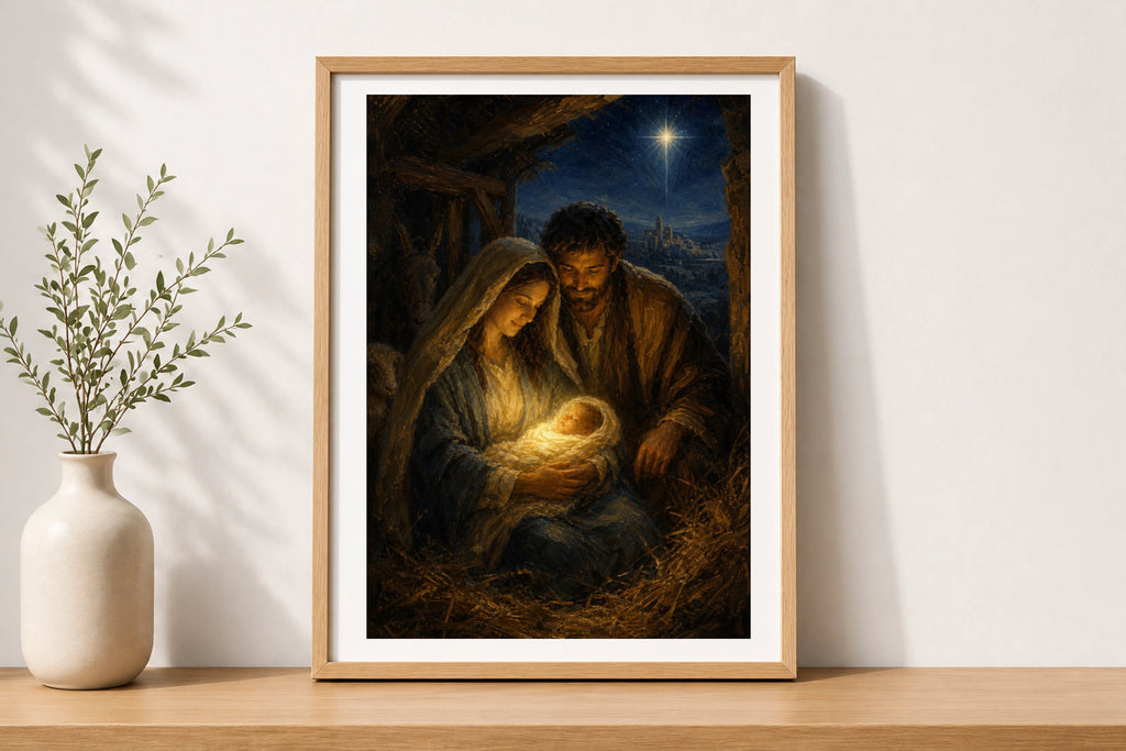 Nativity Scene Poster, Birth of Jesus Wall Art, Holy Family Christmas Print, Religious Christian