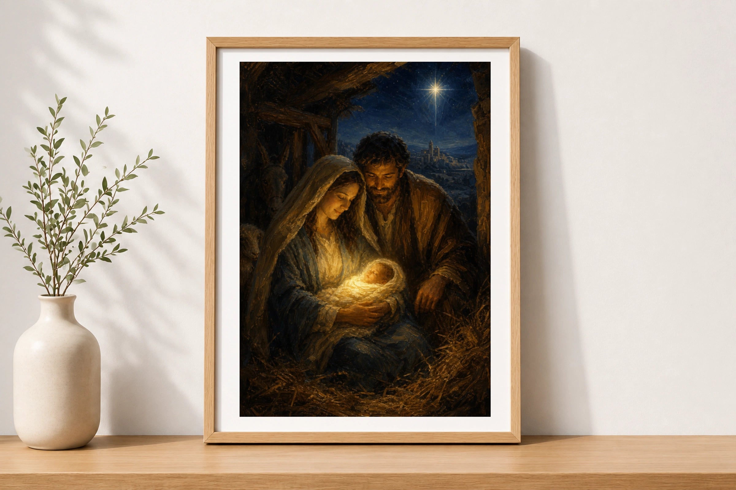 Nativity Scene Poster, Birth of Jesus Wall Art, Holy Family Christmas Print, Religious Christian