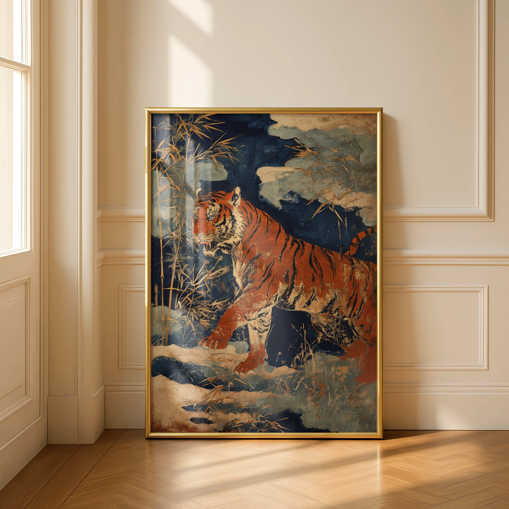 Bengal Tiger Bamboo Poster, Japanese Woodblock Style Animal Wall Art, Navy Gold