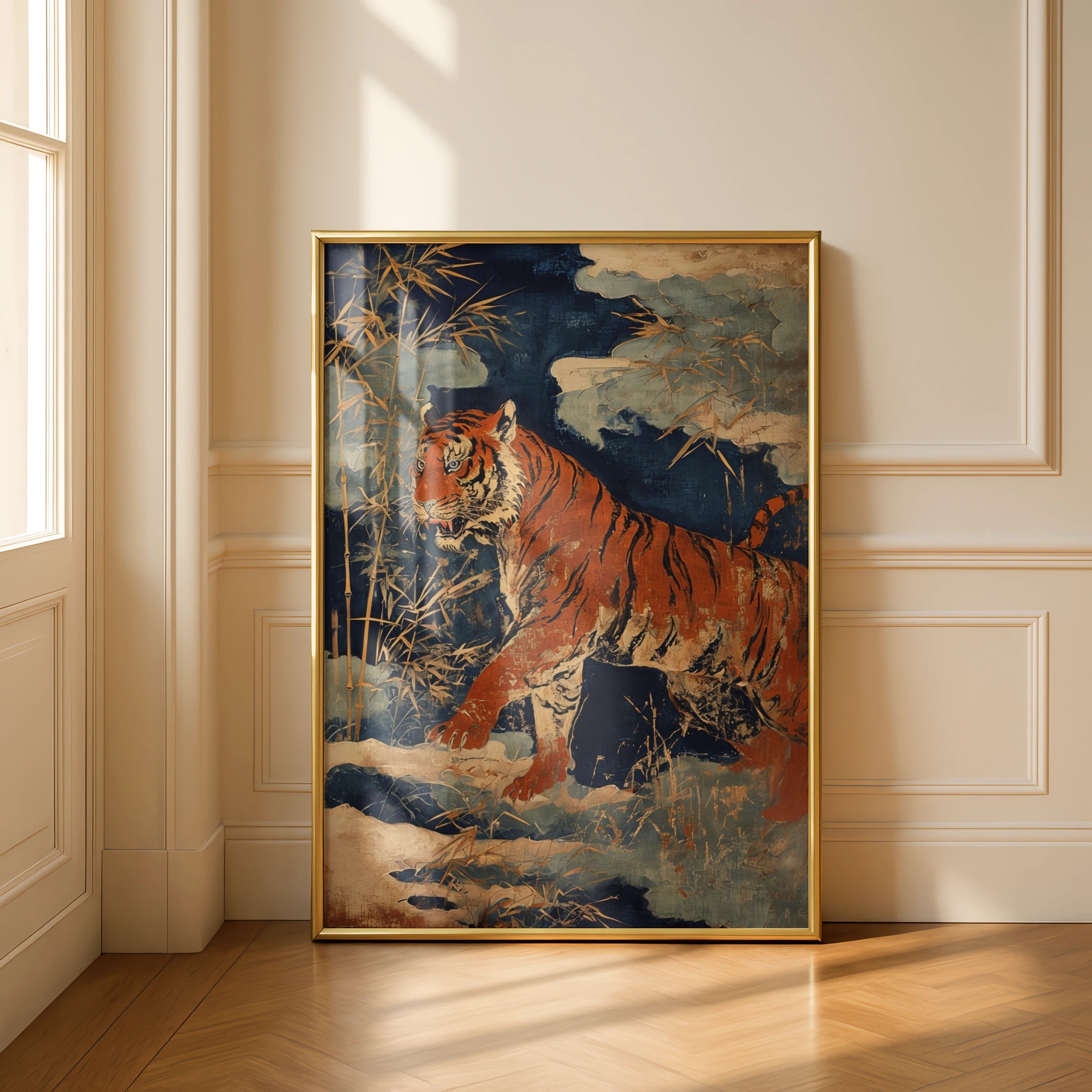 Bengal Tiger Bamboo Poster, Japanese Woodblock Style Animal Wall Art, Navy Gold