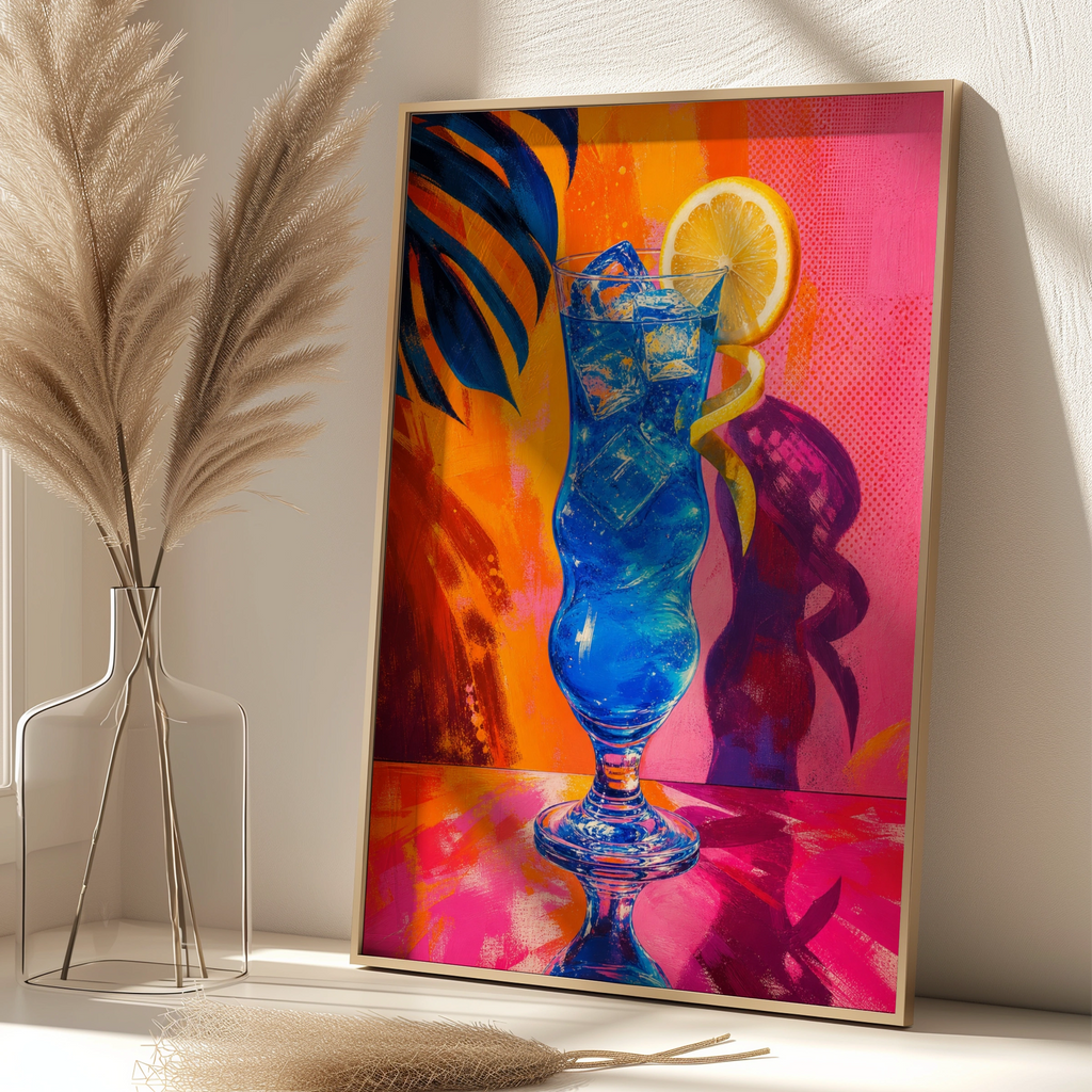 Electric Blue Cocktail Pop Art Poster, Retro Tropical Drink Wall Art, Bold Neon Bar Decor