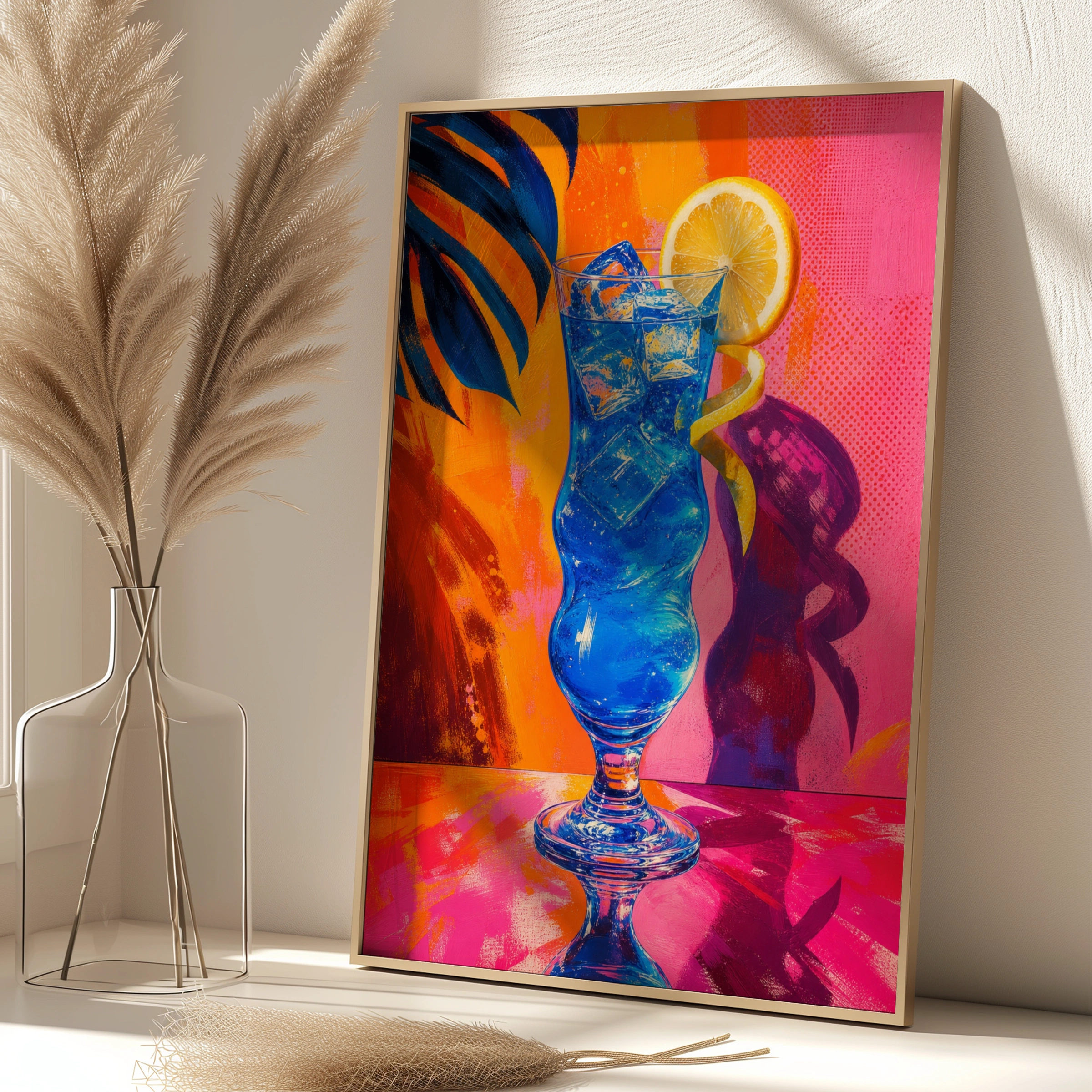 Electric Blue Cocktail Pop Art Poster, Retro Tropical Drink Wall Art, Bold Neon Bar Decor