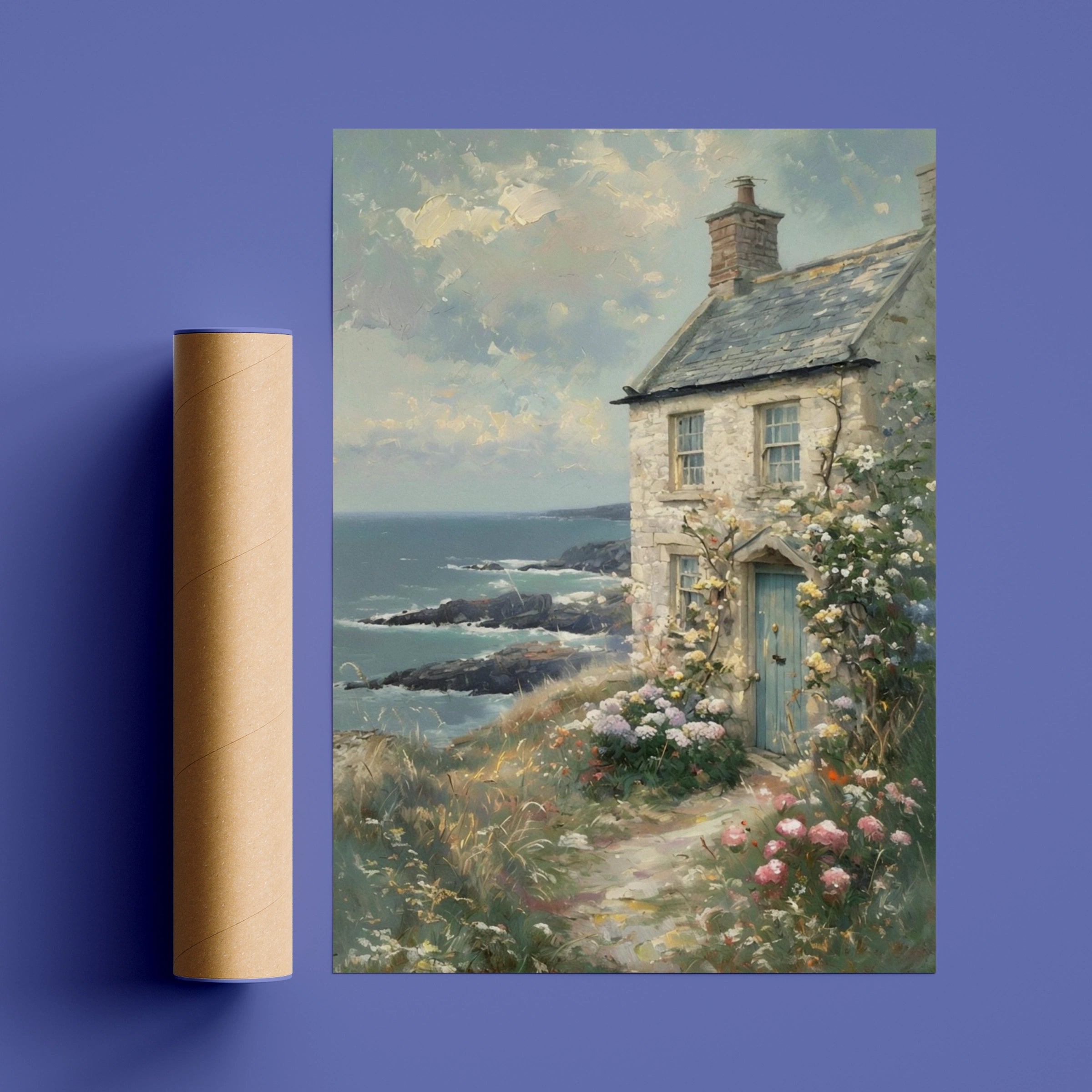 Coastal Cottage Garden Poster, Seaside Stone Cottage Wall Art, Floral Cliff Print