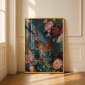 Tiger Botanical Wall Art, Maximalist Floral Tiger Poster, Teal Jungle Animal Print