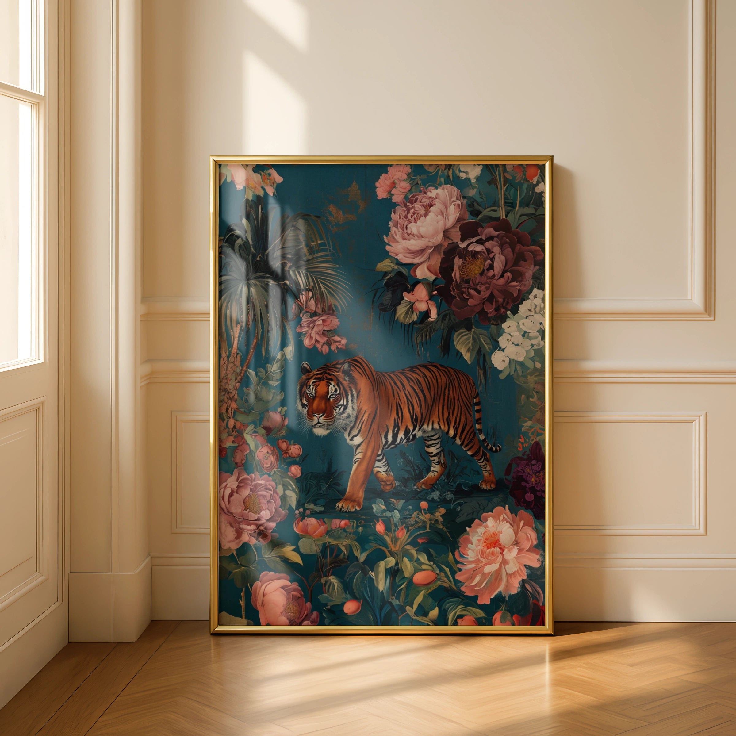 Tiger Botanical Wall Art, Maximalist Floral Tiger Poster, Teal Jungle Animal Print