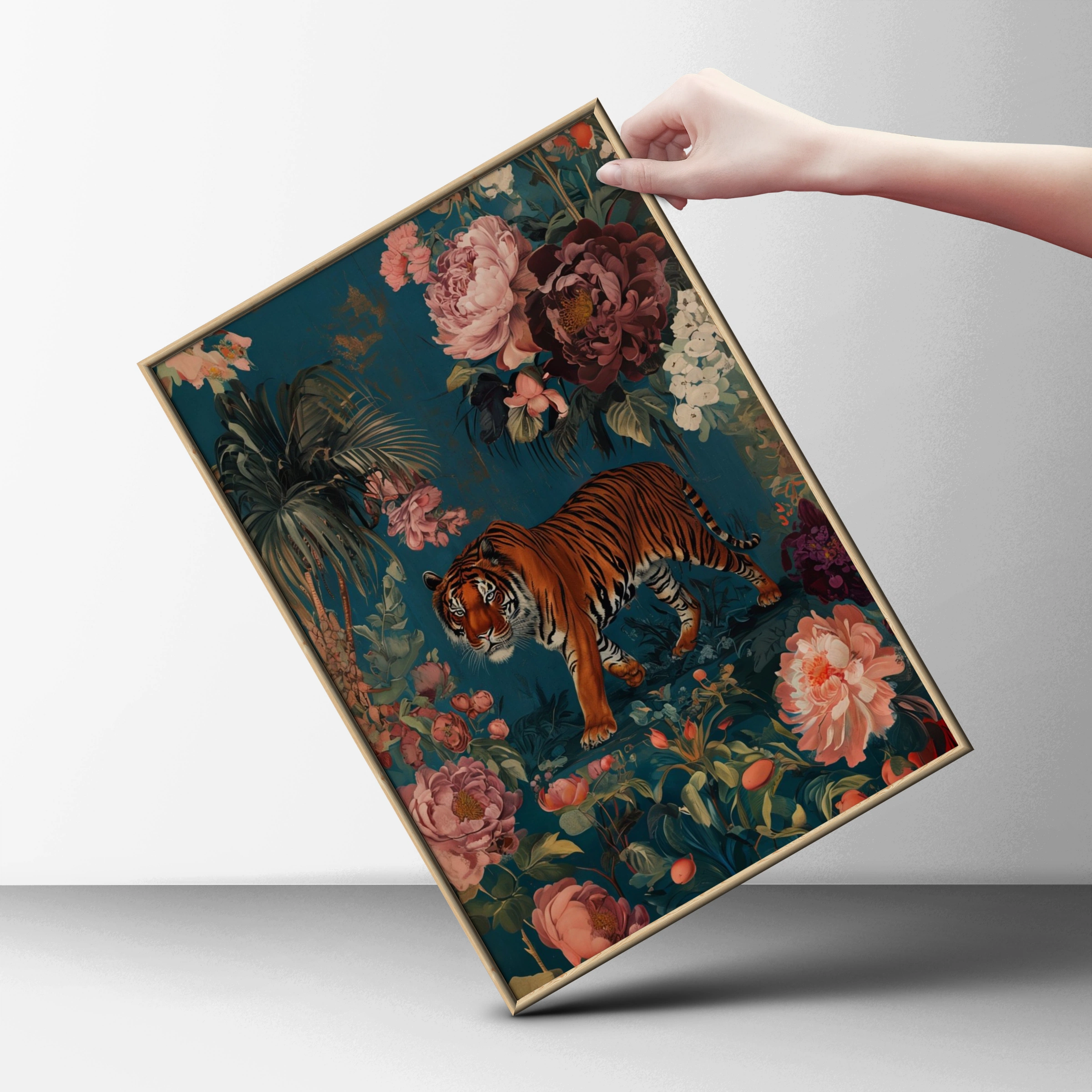 Tiger Botanical Wall Art, Maximalist Floral Tiger Poster, Teal Jungle Animal Print