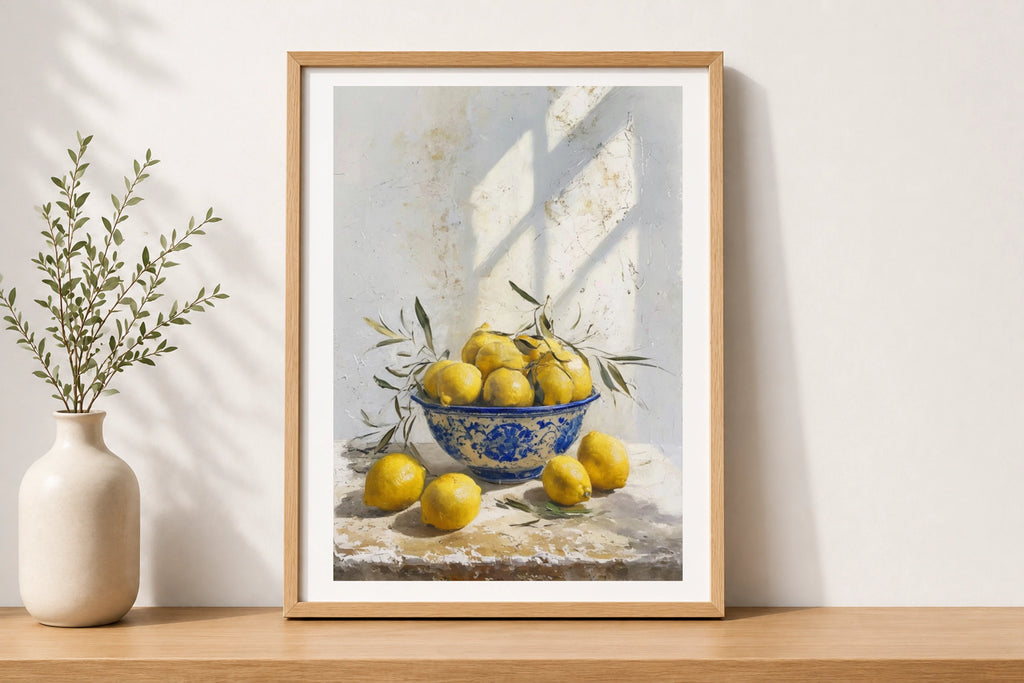 Mediterranean Lemon Bowl Poster, Blue White Ceramic Still Life Kitchen Wall Art