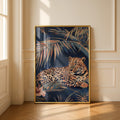 Tropical Leopard Palm Leaf Poster, Navy Blue Jungle Cat Wall Art, Botanical Animal Print