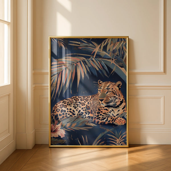 Tropical Leopard Palm Leaf Poster, Navy Blue Jungle Cat Wall Art, Botanical Animal Print