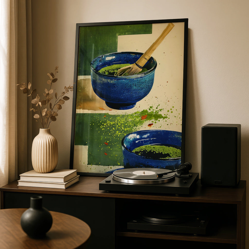 Matcha Tea Bowl Poster, Japanese Chawan Wall Art, Blue Green Kitchen Print