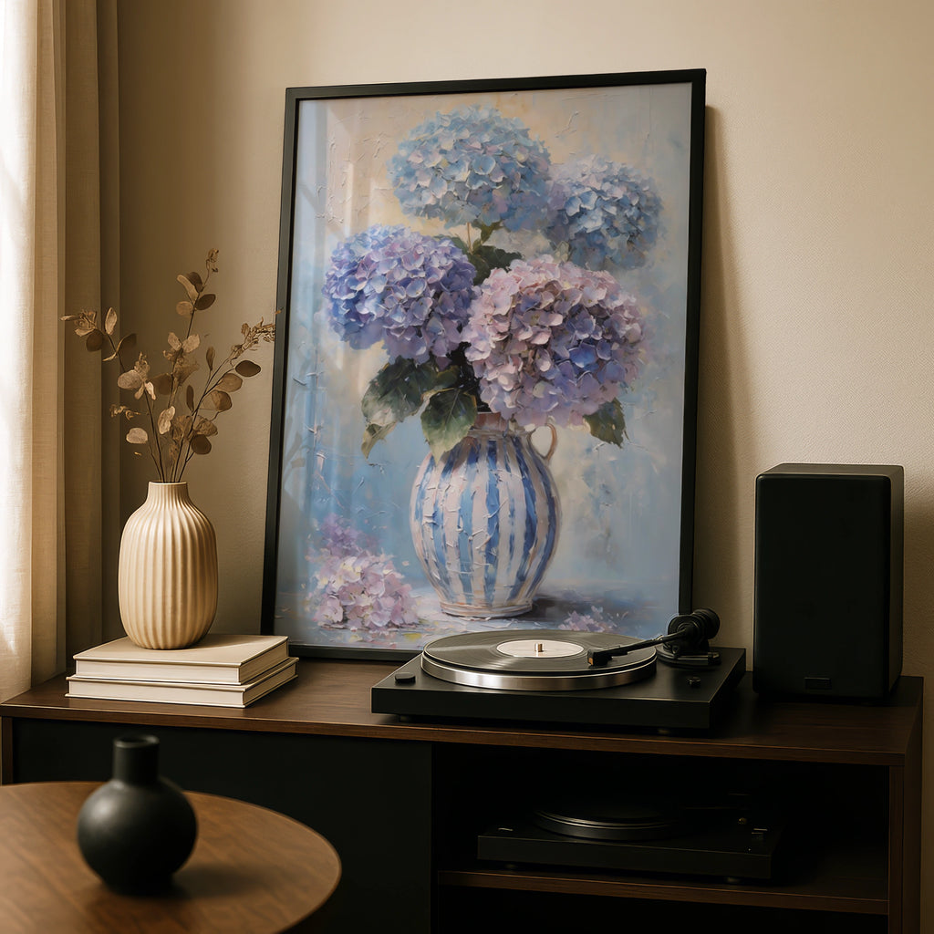 Pastel Hydrangea Floral Poster, Blue Purple Pink Bouquet, Striped Vase Wall Art