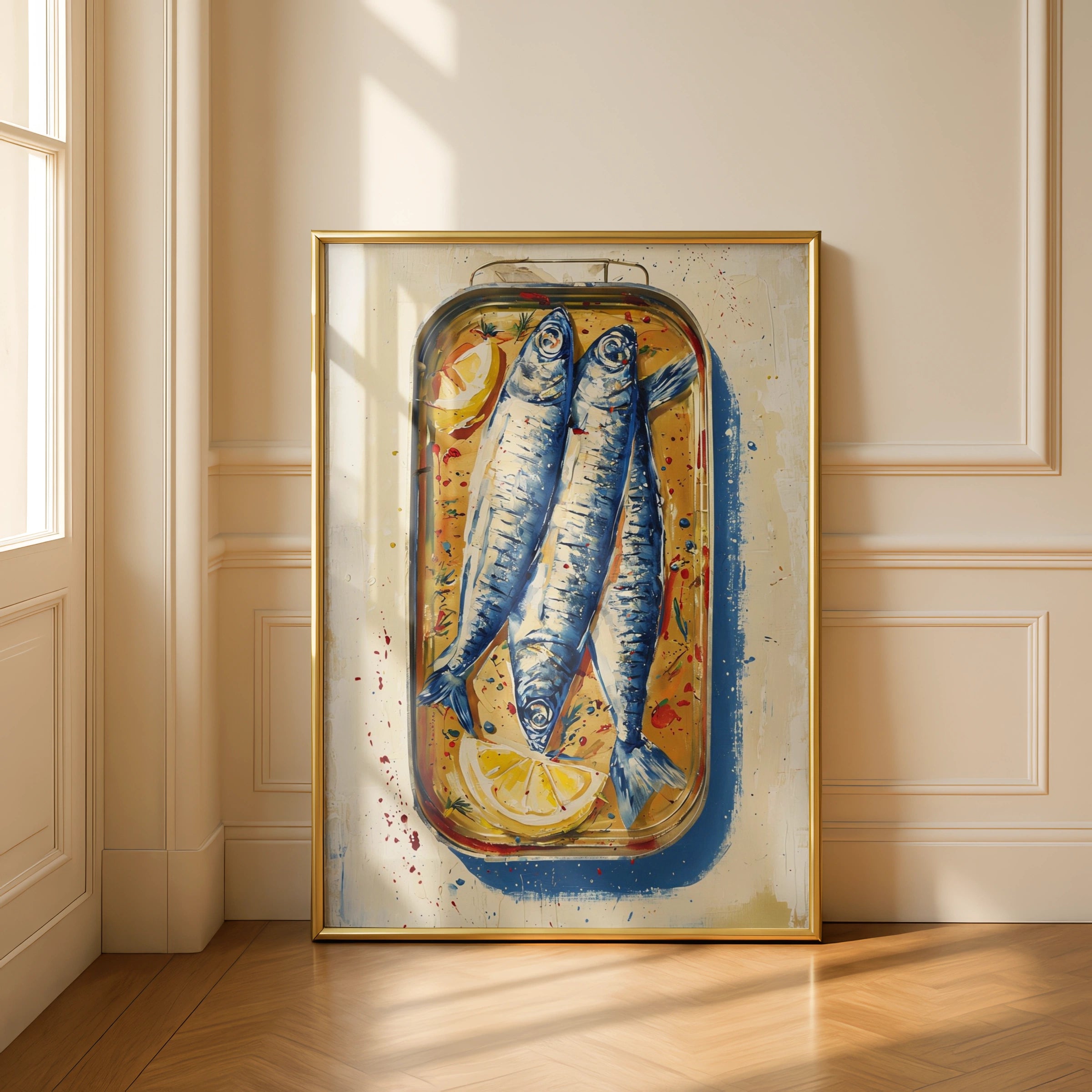 Mediterranean Sardines Poster, Fish Kitchen Wall Art, Lemon Blue Painted Food Print