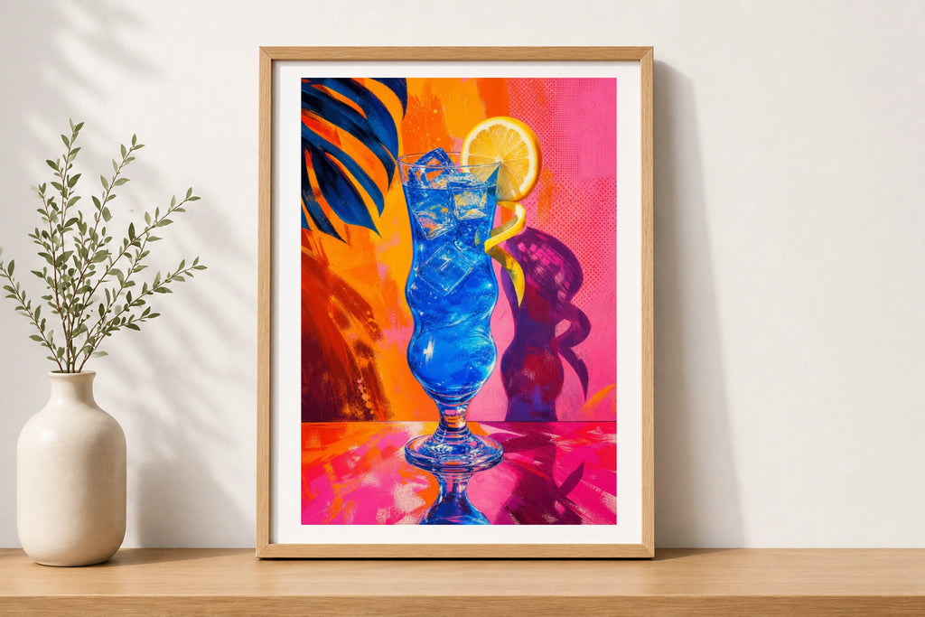 Electric Blue Cocktail Pop Art Poster, Retro Tropical Drink Wall Art, Bold Neon Bar Decor