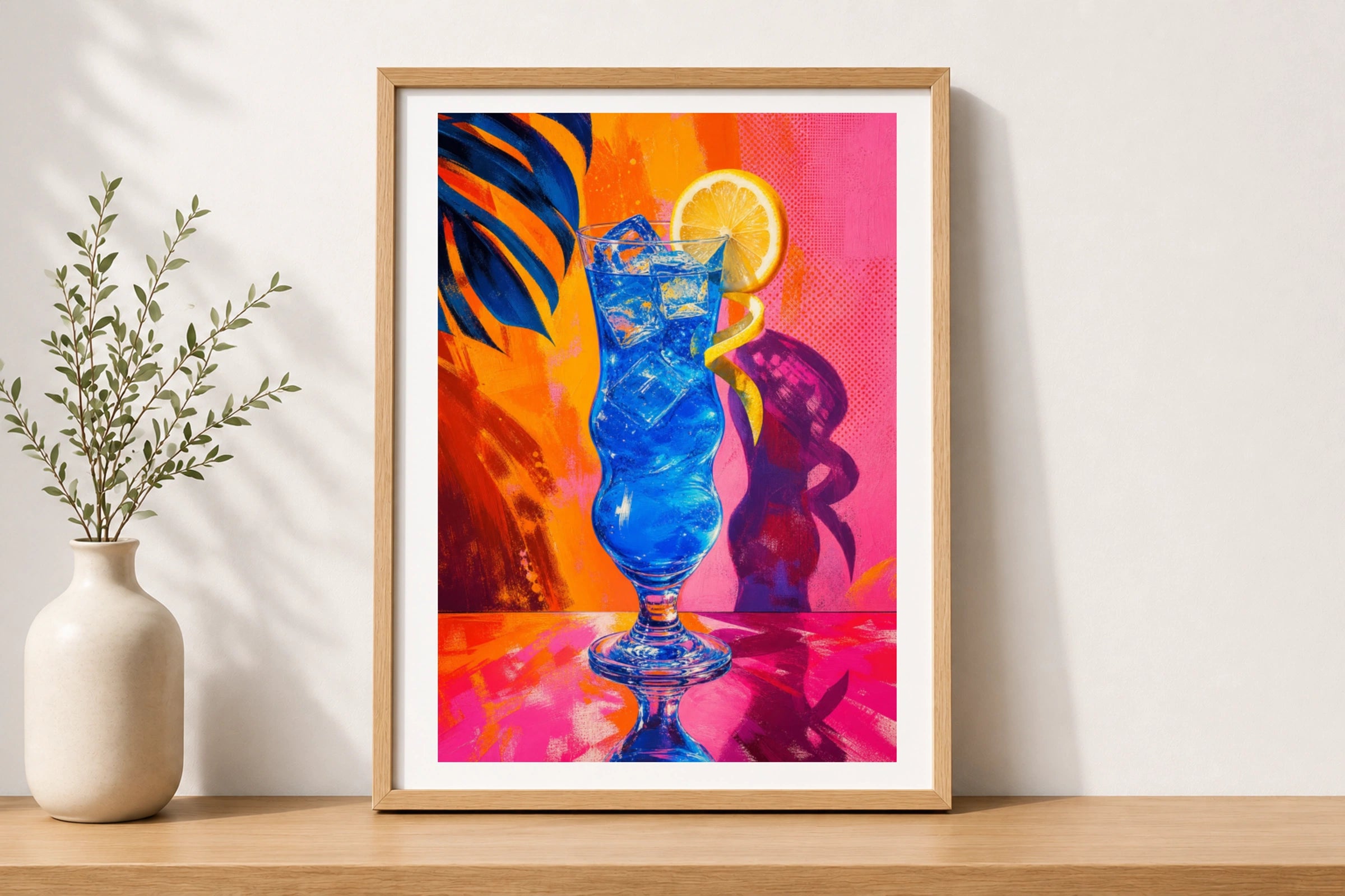 Electric Blue Cocktail Pop Art Poster, Retro Tropical Drink Wall Art, Bold Neon Bar Decor