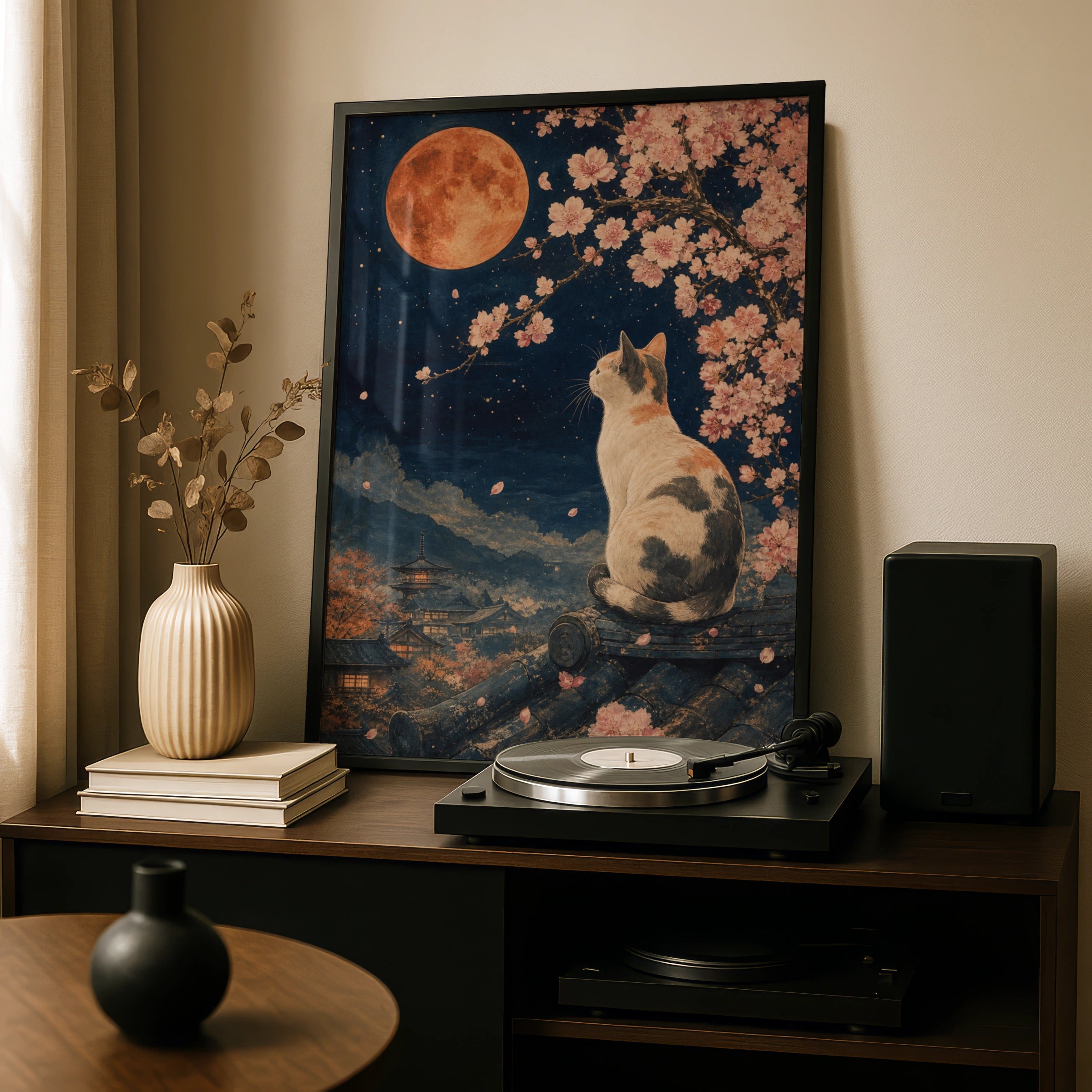 Japanese Cat Cherry Blossom Moon Poster, Calico Cat Wall Art, Ukiyo-e Style Print