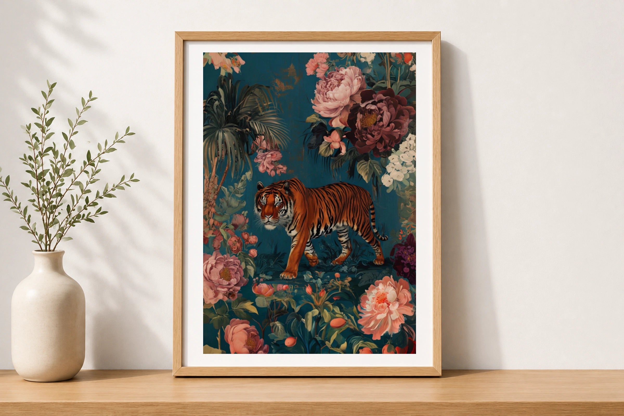 Tiger Botanical Wall Art, Maximalist Floral Tiger Poster, Teal Jungle Animal Print