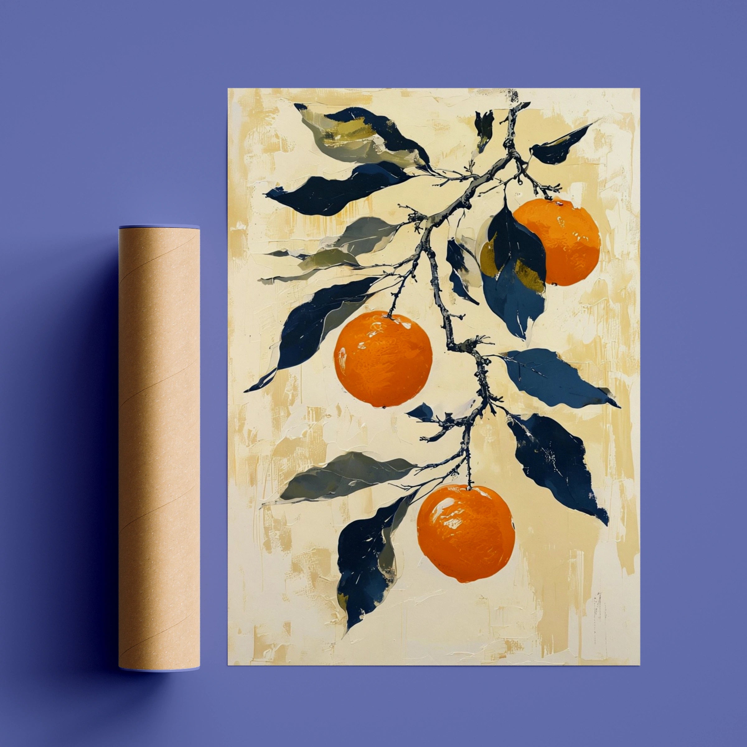 Japanese Orange Branch Poster, Citrus Wall Art, Navy Blue Botanical Print, Kitchen Decor