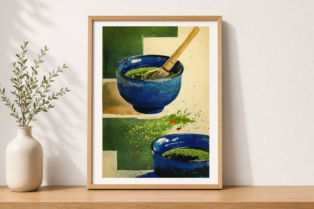 Matcha Tea Bowl Poster, Japanese Chawan Wall Art, Blue Green Kitchen Print