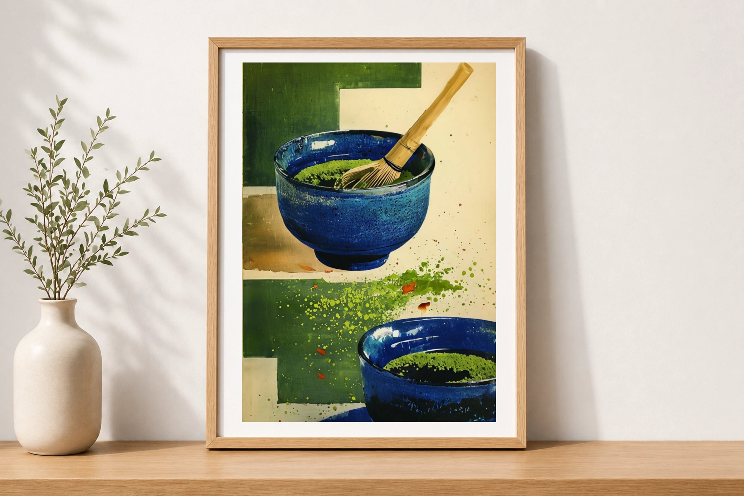 Matcha Tea Bowl Poster, Japanese Chawan Wall Art, Blue Green Kitchen Print